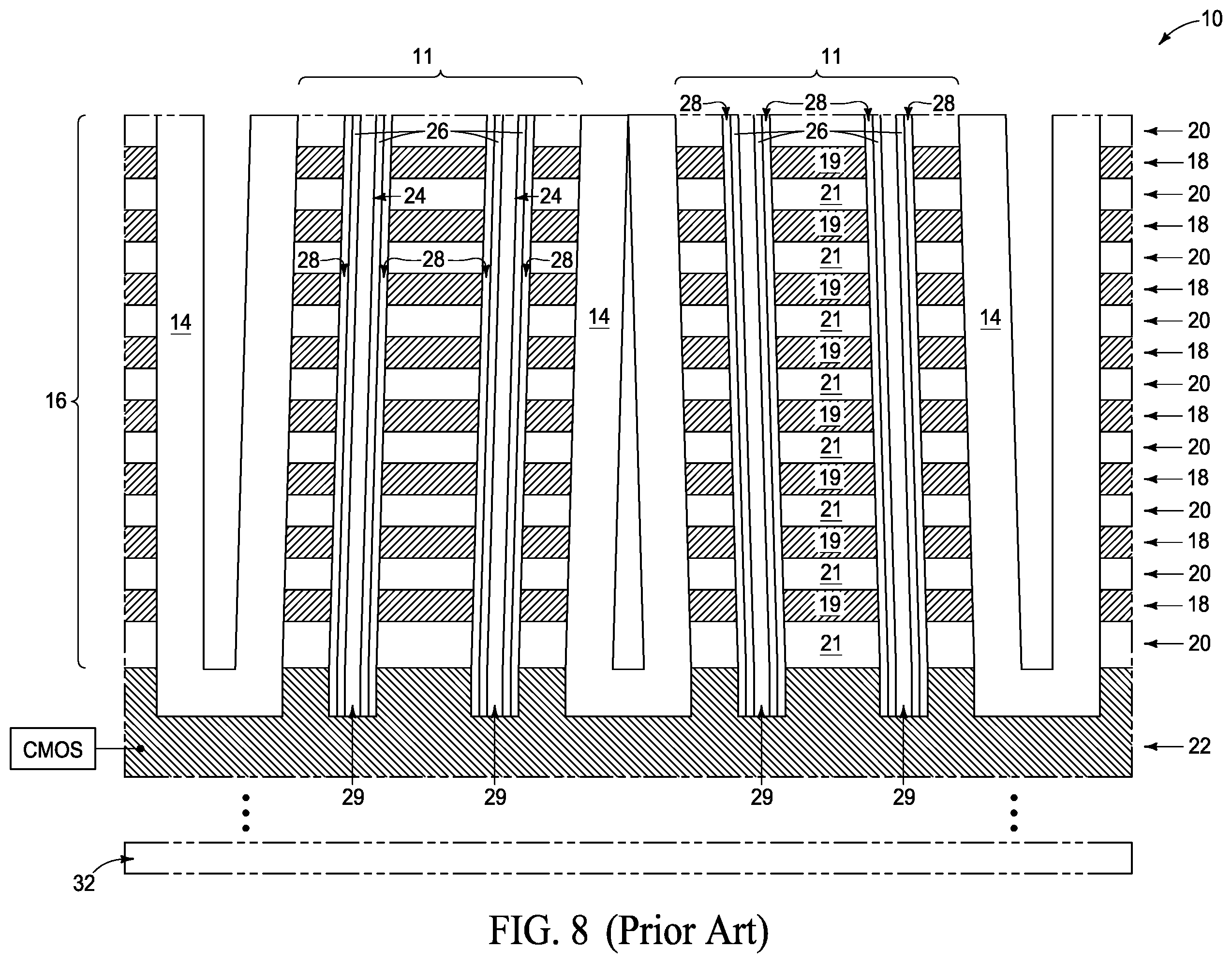 Patent US11805645 Figure 9 – Integrated assemblies having rugged material fill, and methods of forming integrated assemblies
