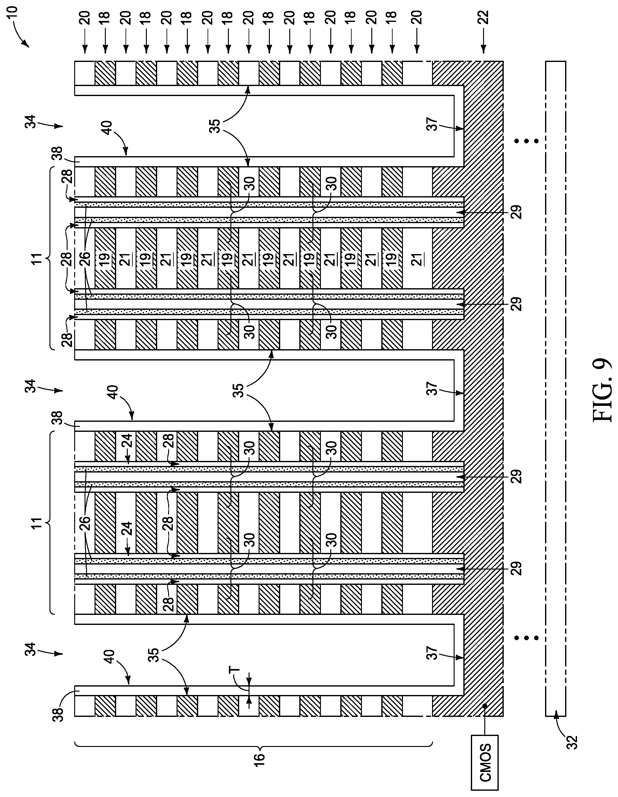 Patent US11805645 Figure 10 – Integrated assemblies having rugged material fill, and methods of forming integrated assemblies