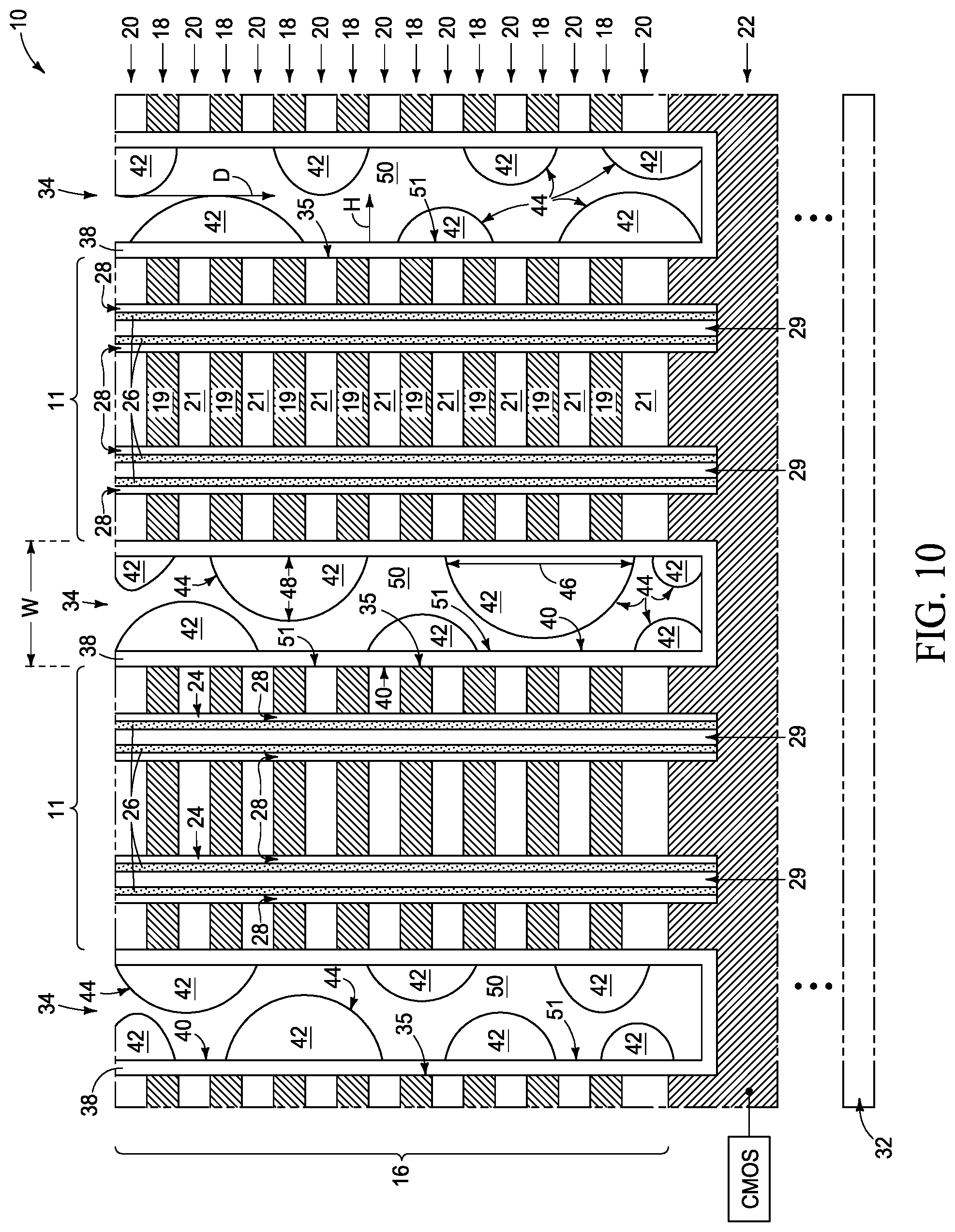 Patent US11805645 Figure 11 – Integrated assemblies having rugged material fill, and methods of forming integrated assemblies