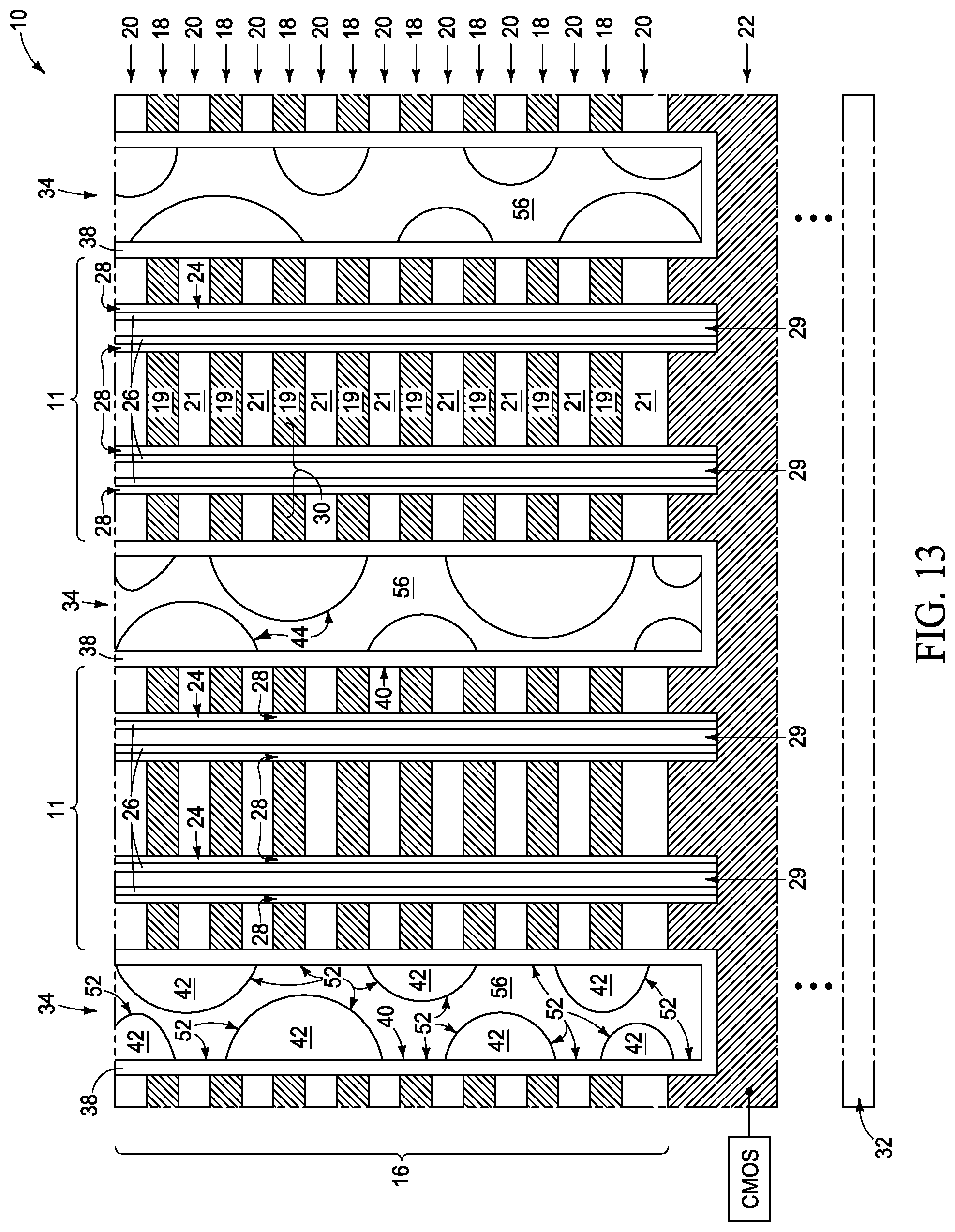 Patent US11805645 Figure 14 – Integrated assemblies having rugged material fill, and methods of forming integrated assemblies