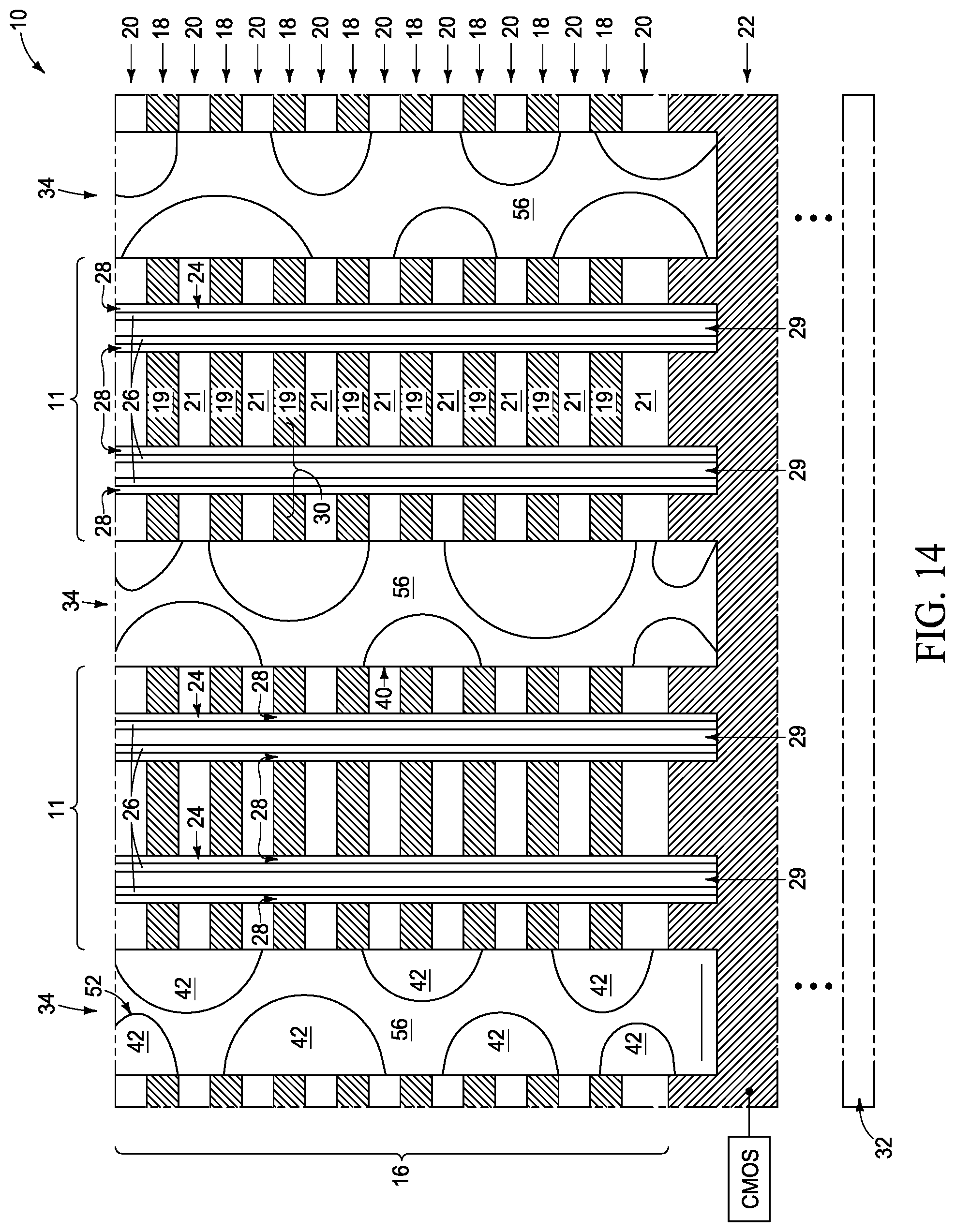 Patent US11805645 Figure 15 – Integrated assemblies having rugged material fill, and methods of forming integrated assemblies