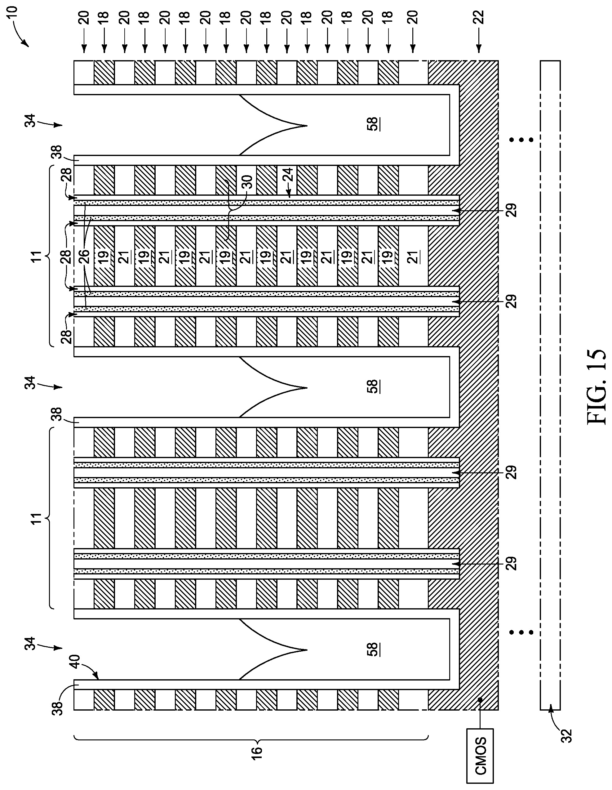 Patent US11805645 Figure 16 – Integrated assemblies having rugged material fill, and methods of forming integrated assemblies