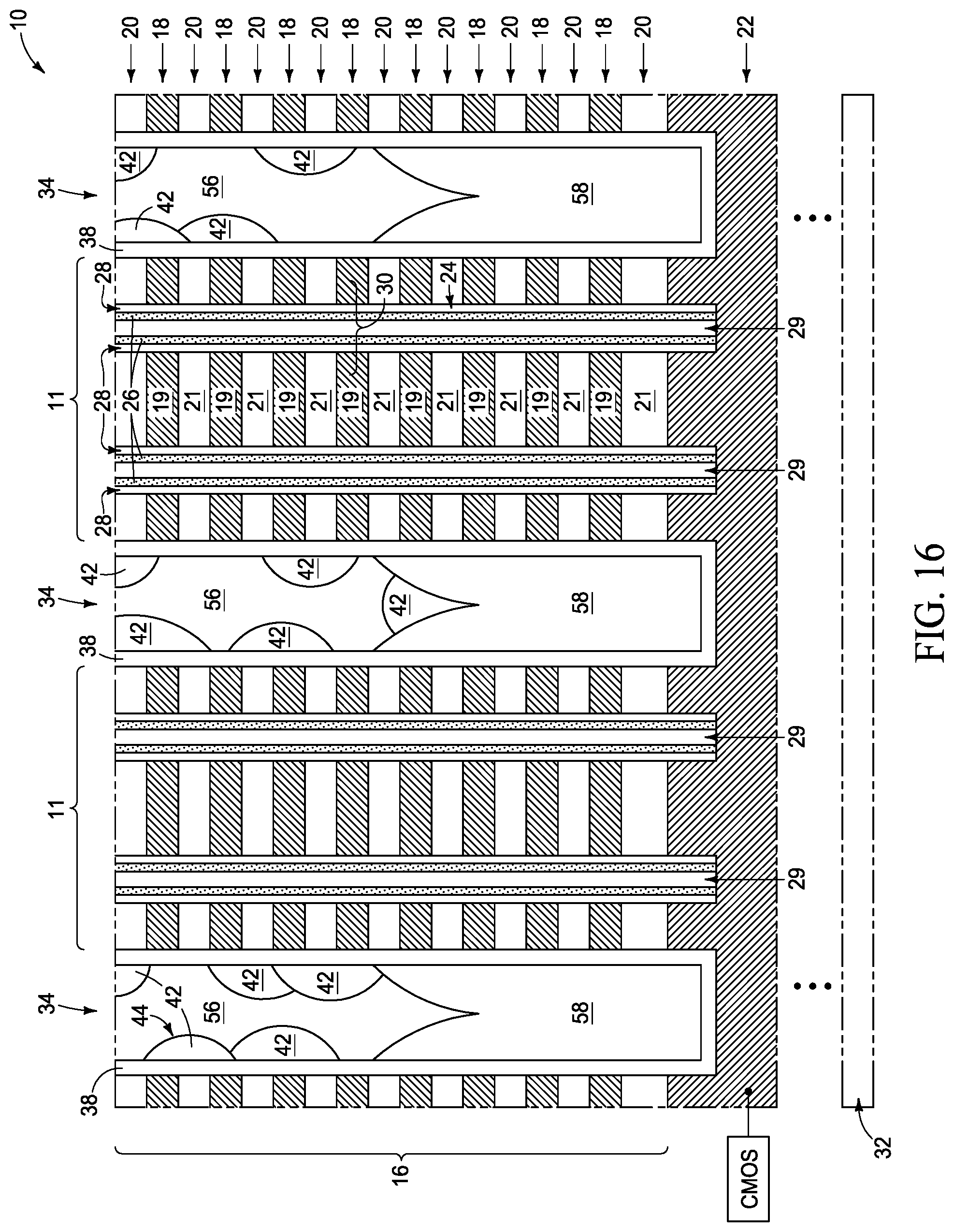 Patent US11805645 Figure 17 – Integrated assemblies having rugged material fill, and methods of forming integrated assemblies