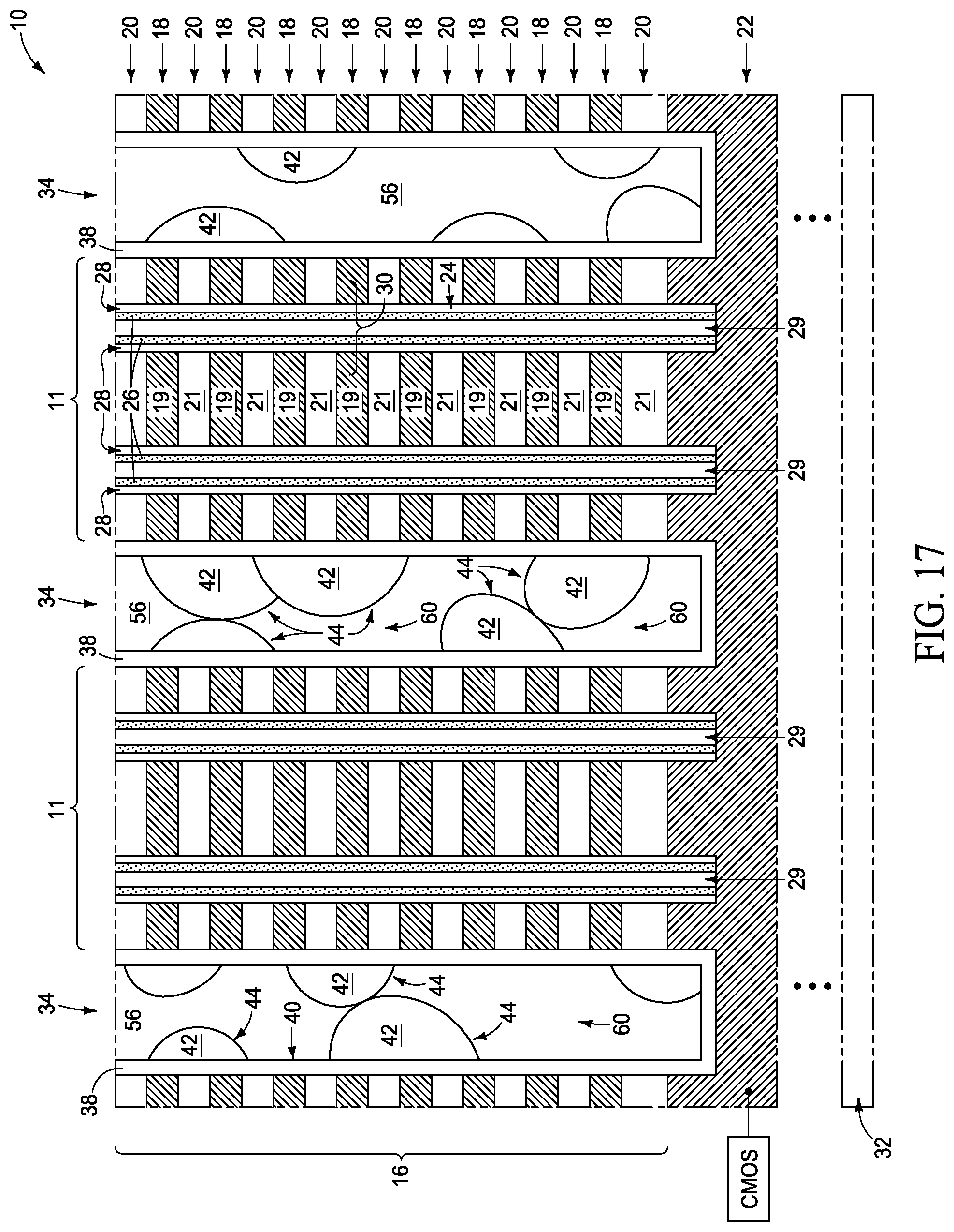 Patent US11805645 Figure 18 – Integrated assemblies having rugged material fill, and methods of forming integrated assemblies