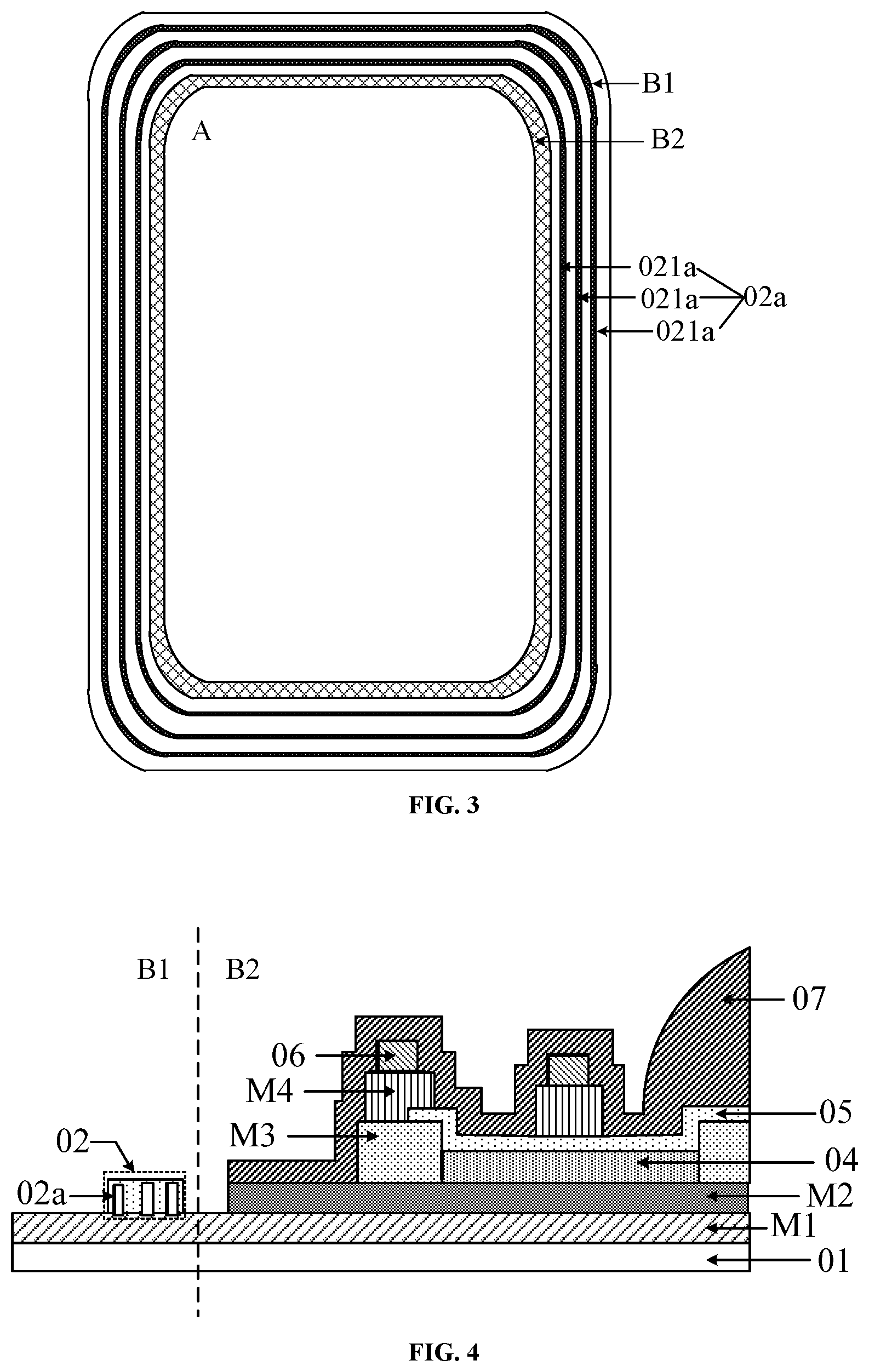 Patent US11805668 Figure 2 – Display substrate including closed annular structures surrounding display region to reduce cracking