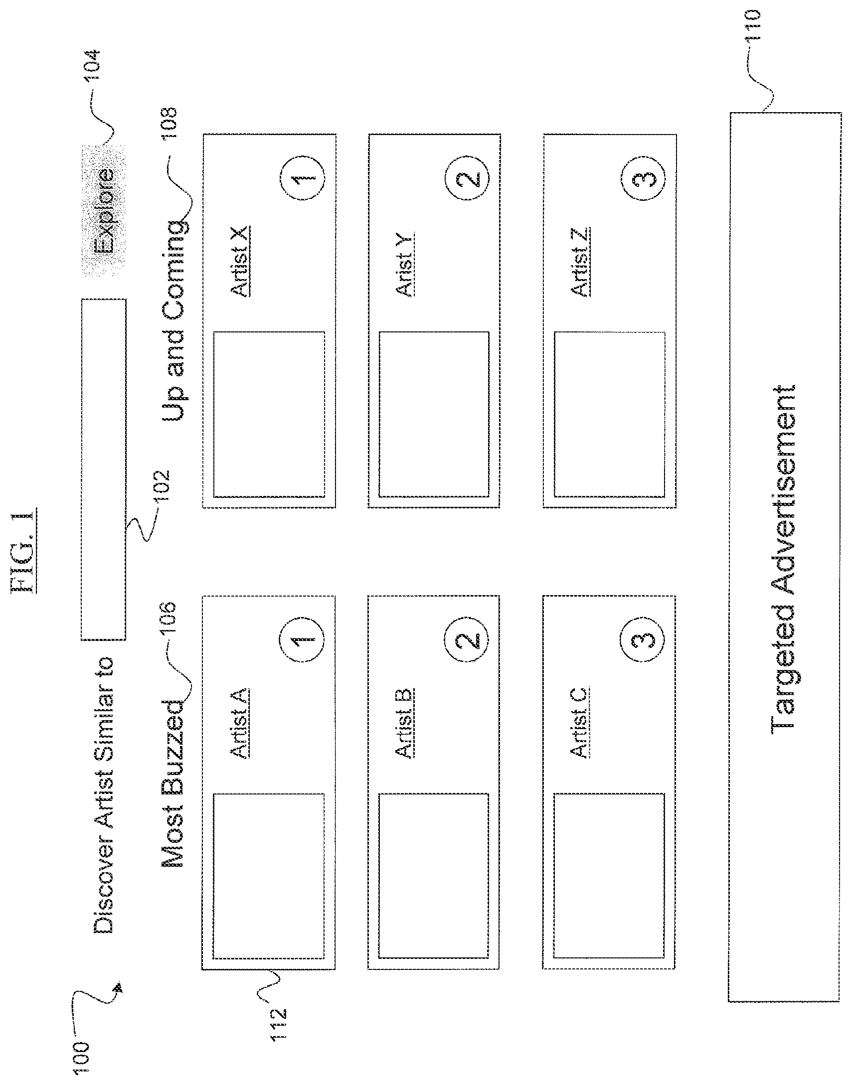 Patent US11810133 Figure 1 – Systems and methods for discovering artists