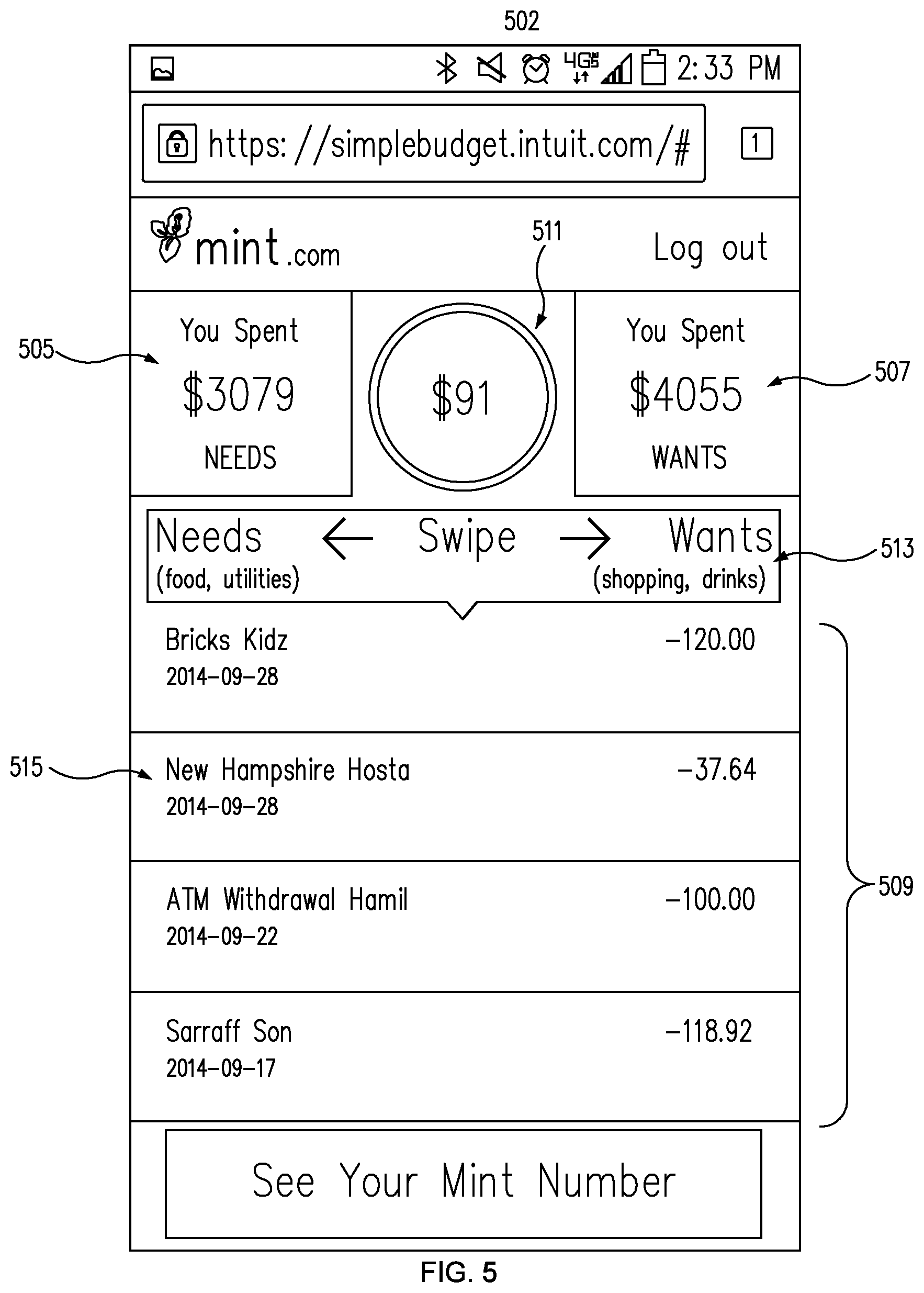 Patent US11810186 Figure 5 – Method and system for providing an interactive spending analysis display