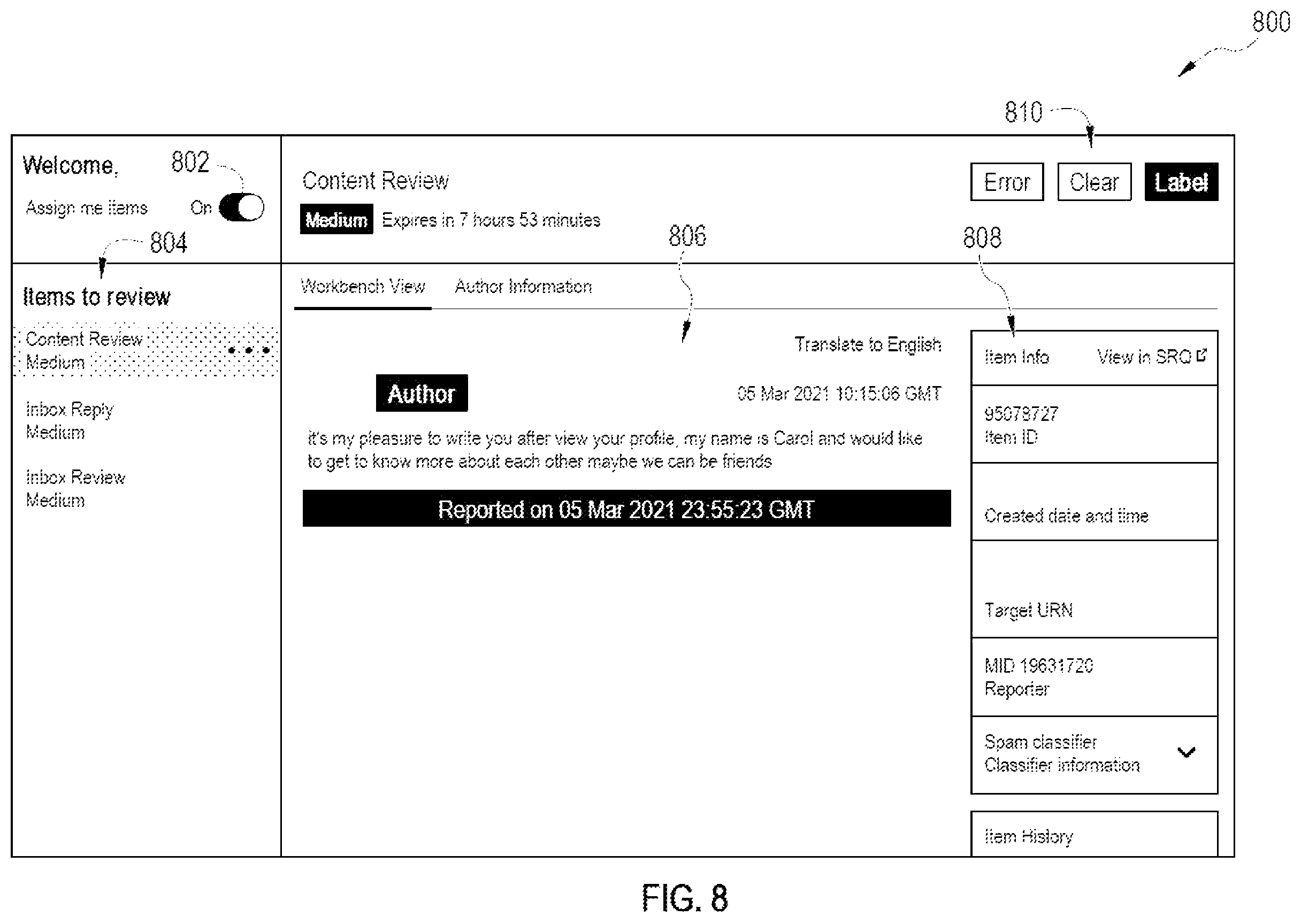 Patent US11810206 Figure 8 – Solver-based media assignment for content moderation