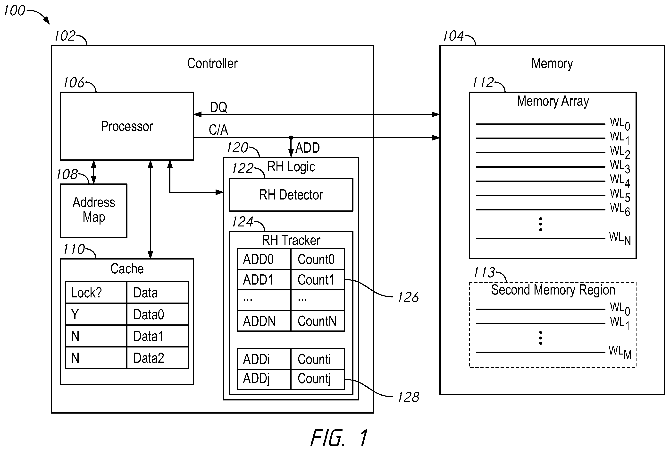 Patent US11810612 Figure 1 – Apparatuses and methods for row hammer based cache lockdown