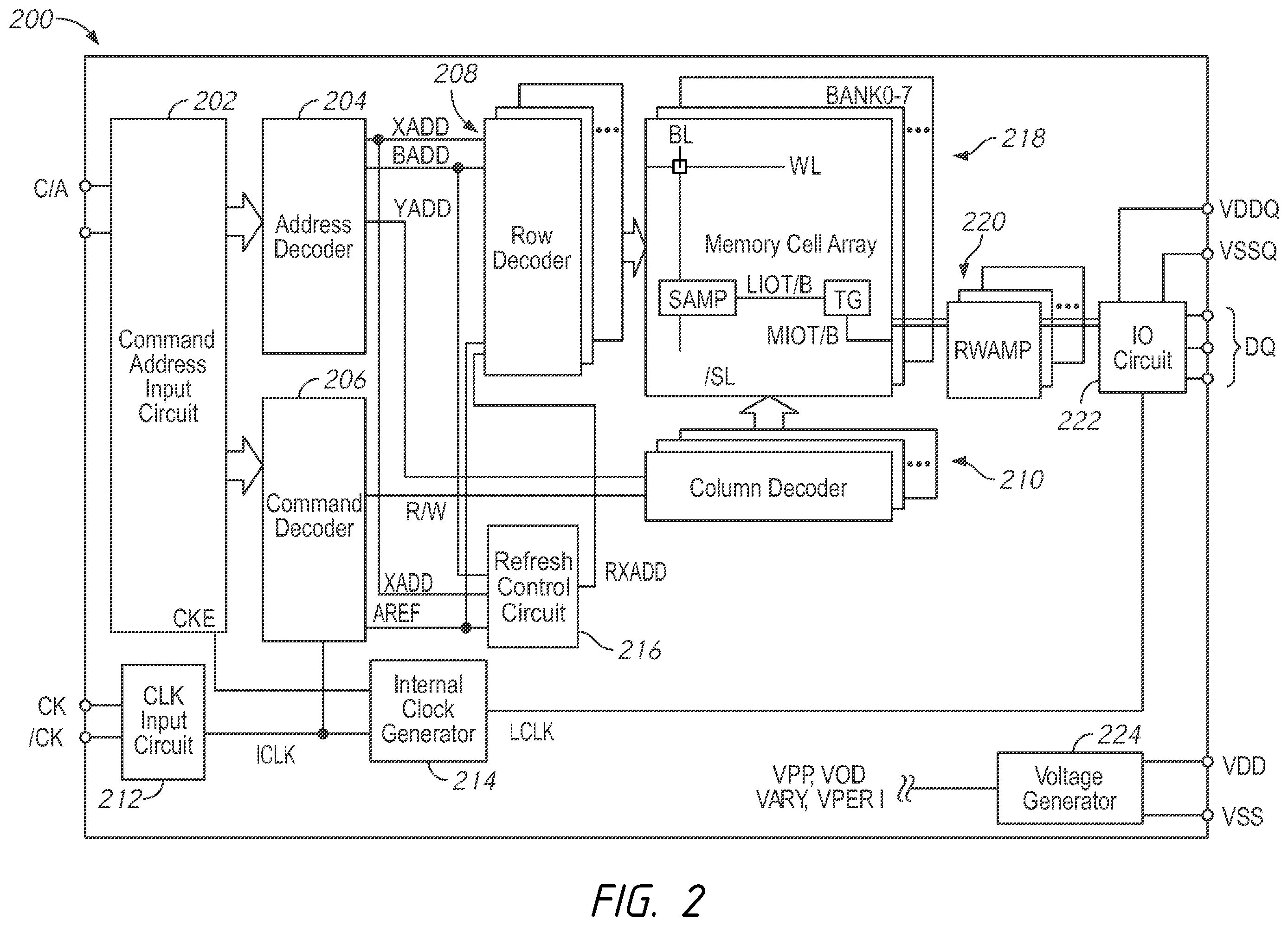 Patent US11810612 Figure 2 – Apparatuses and methods for row hammer based cache lockdown