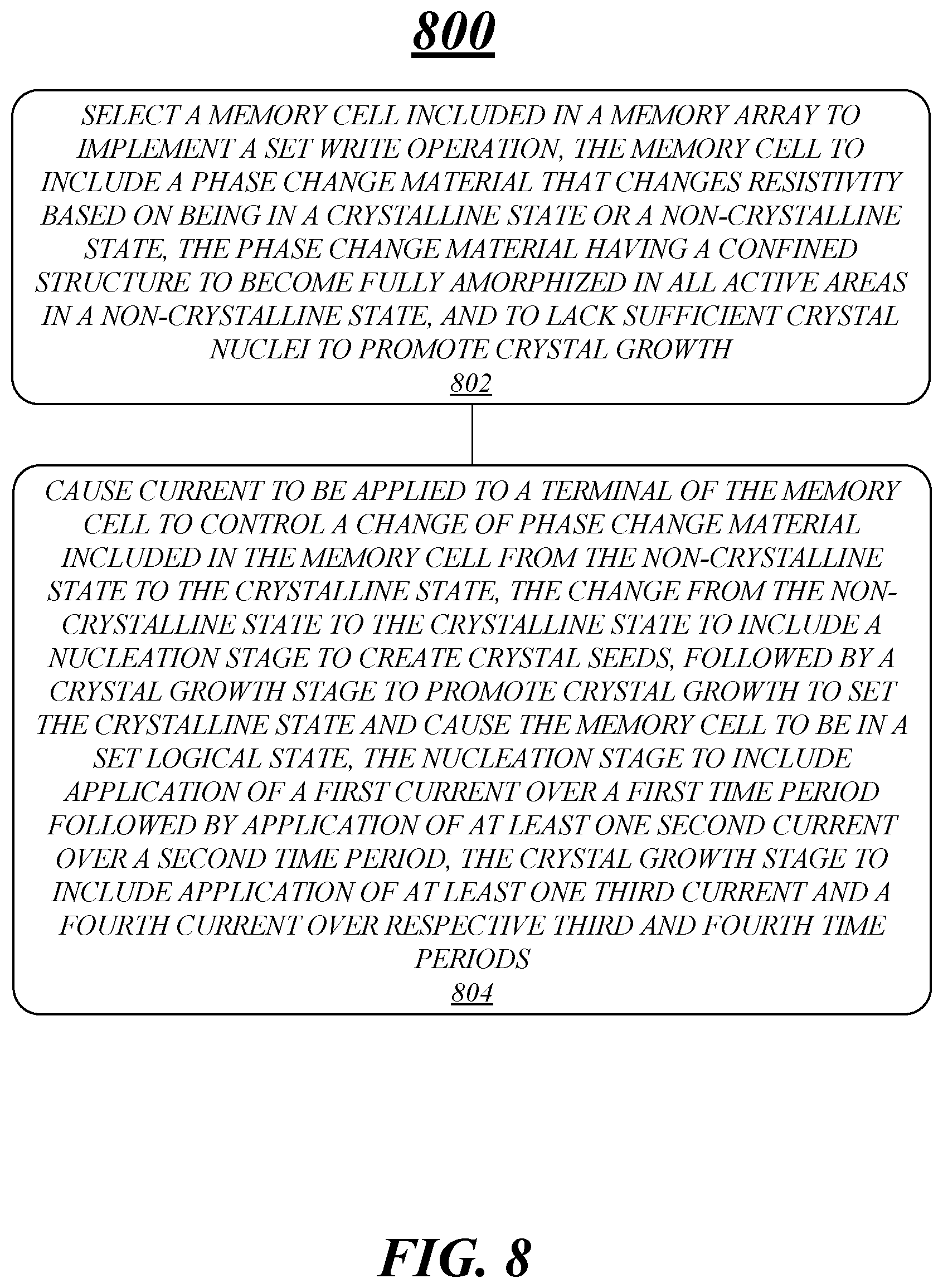 Patent US11810617 Figure 8 – Techniques for a multi-step current profile for a phase change memory