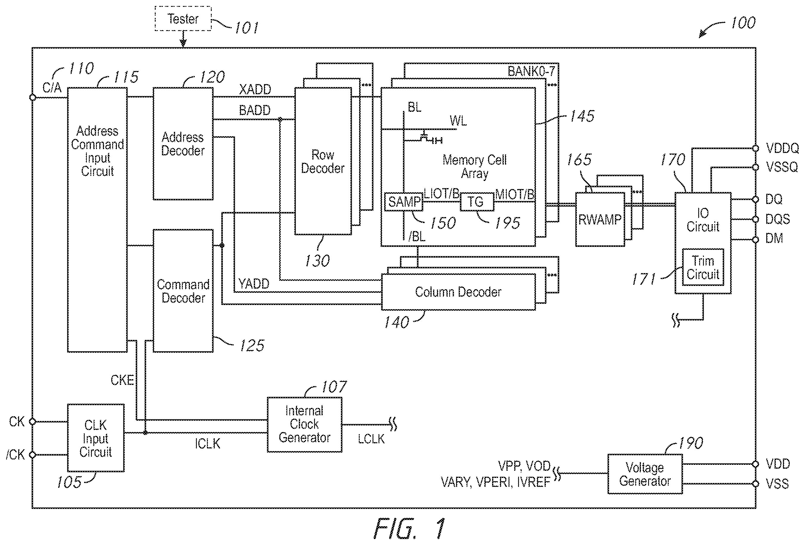 Patent US11810641 Figure 1 – Apparatuses and method for trimming input buffers based on identified mismatches