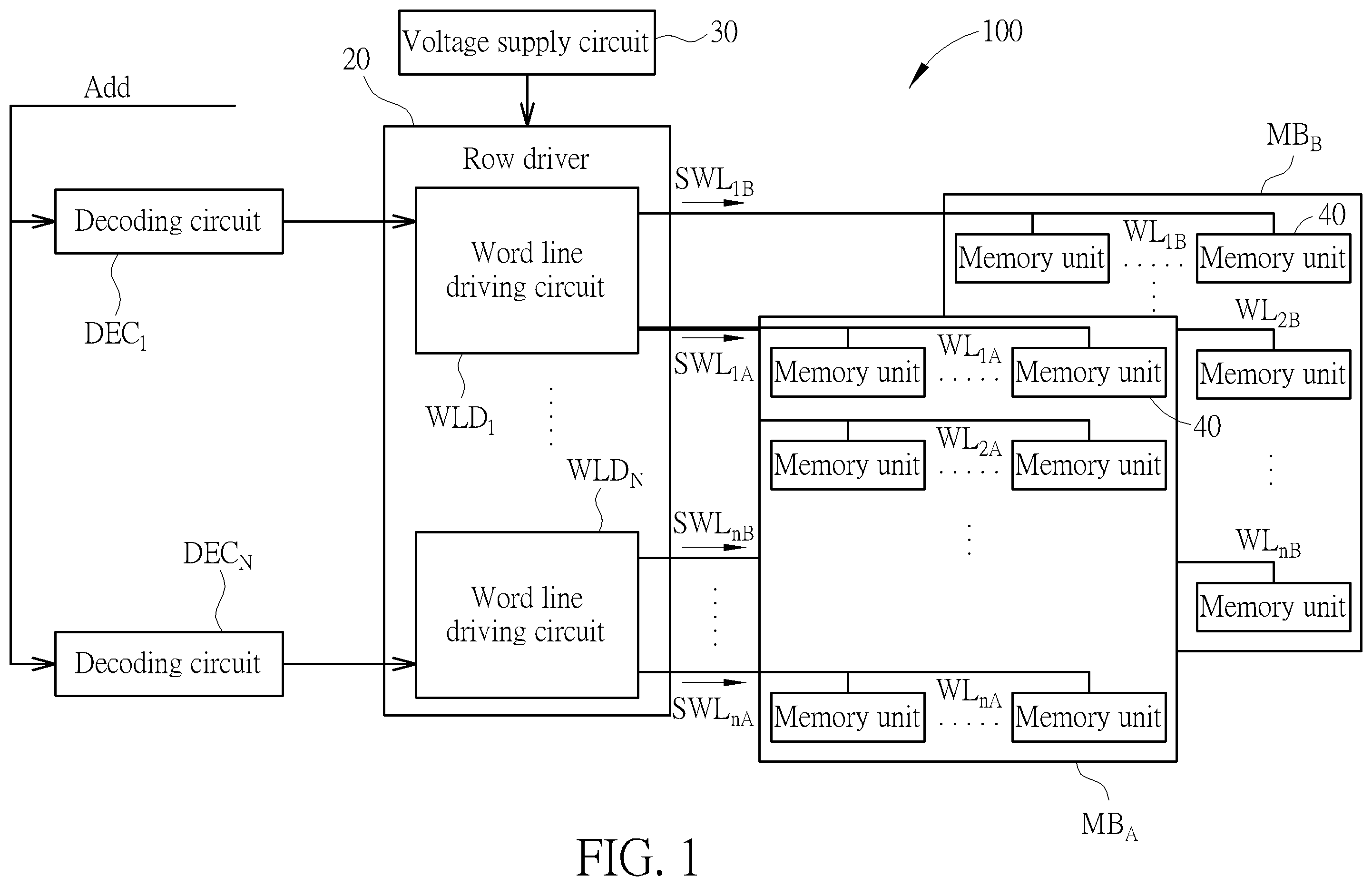 Patent US11810643 Figure 1 – Word line driving circuit with high access efficiency