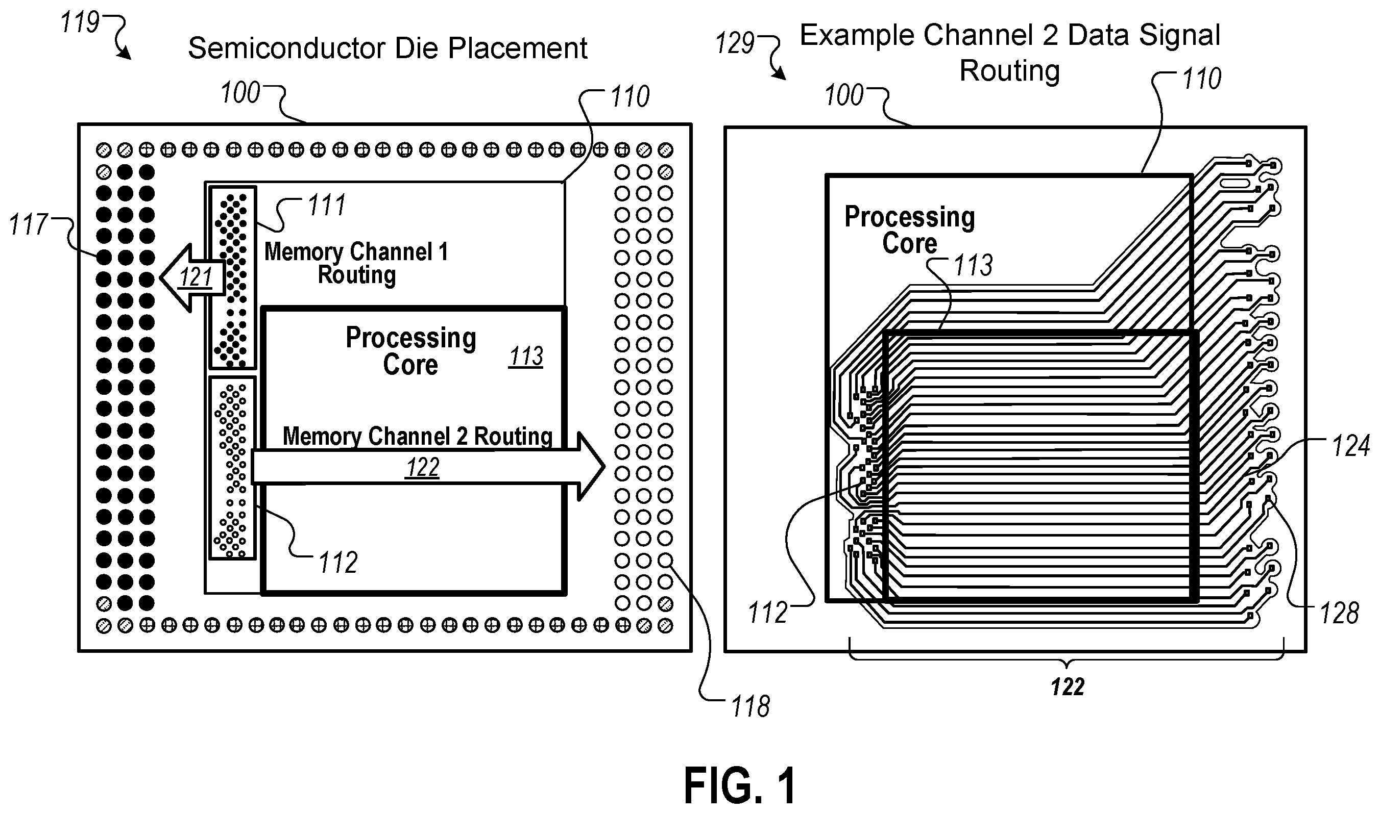 Patent US11810850 Figure 1 – Signal routing in integrated circuit packaging