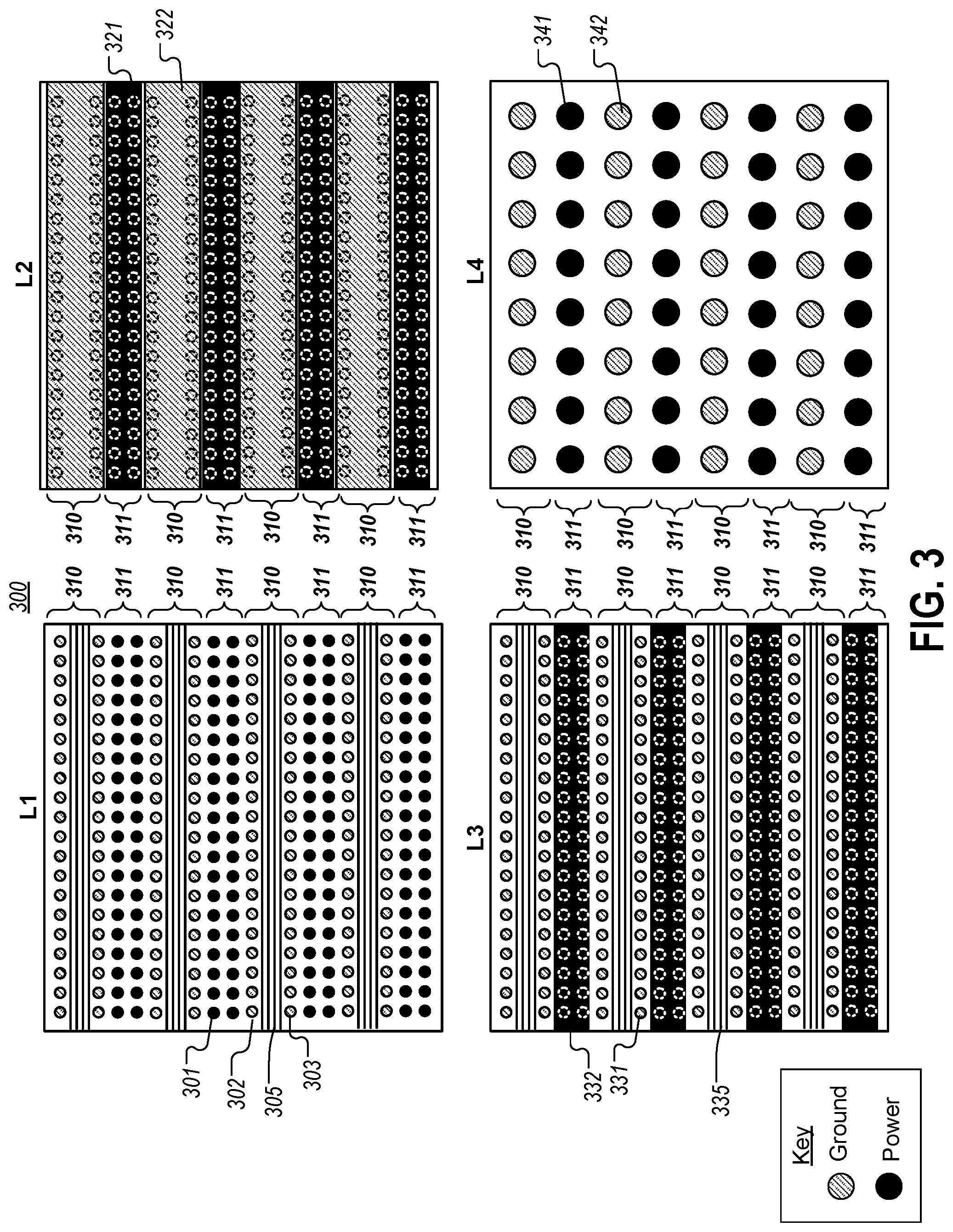 Patent US11810850 Figure 3 – Signal routing in integrated circuit packaging