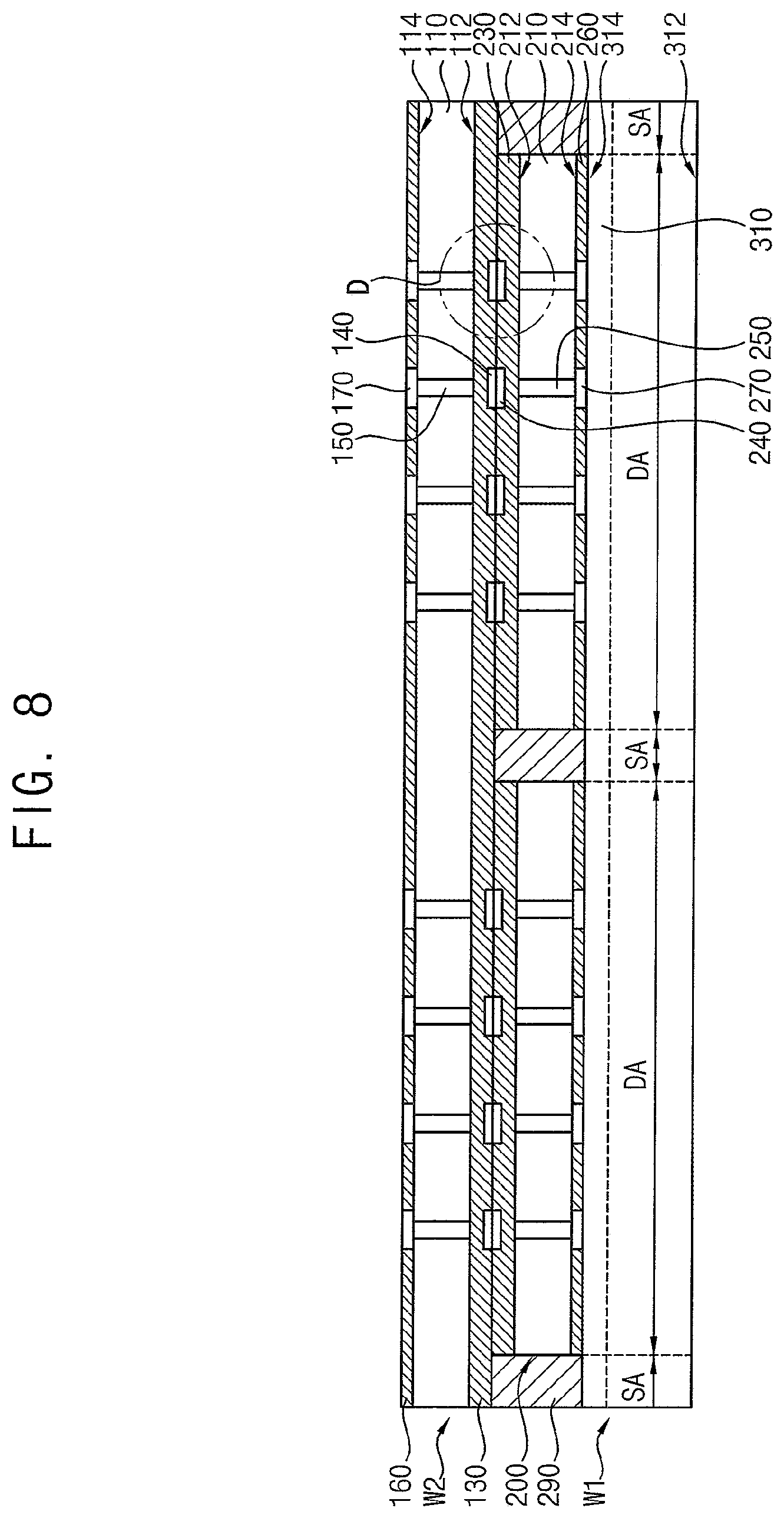 Patent US11810900 Figure 8 – Semiconductor packages stacked by wafer bonding process and methods of manufacturing the semiconductor packages