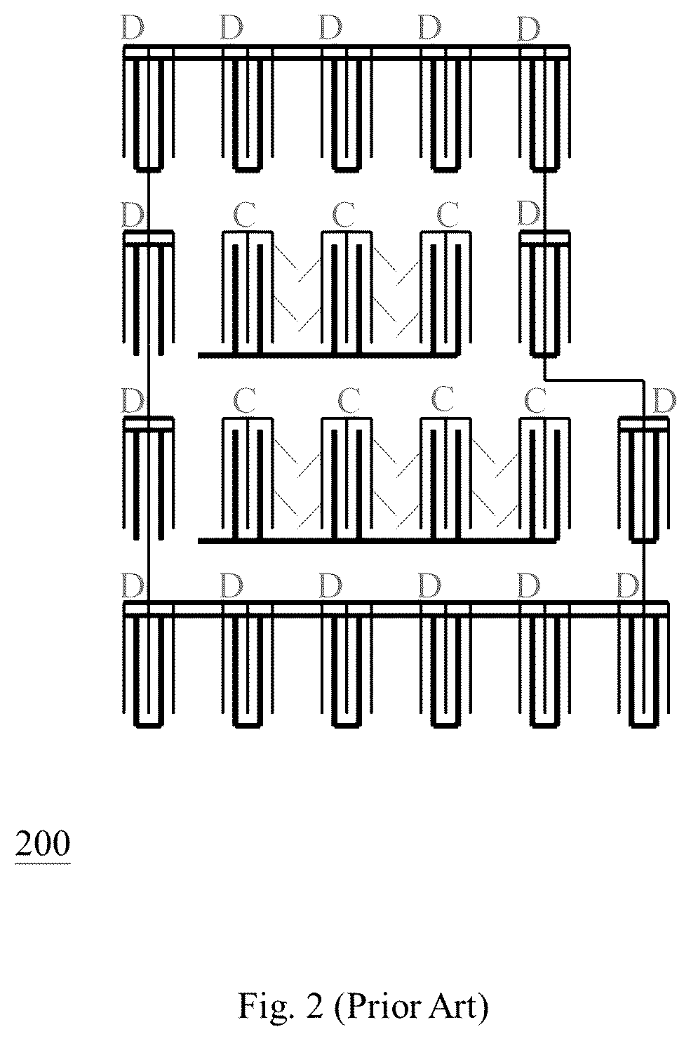Patent US11810916 Figure 3 – Semiconductor capacitor array layout capable of generating parasitic capacitance toward edge of layout