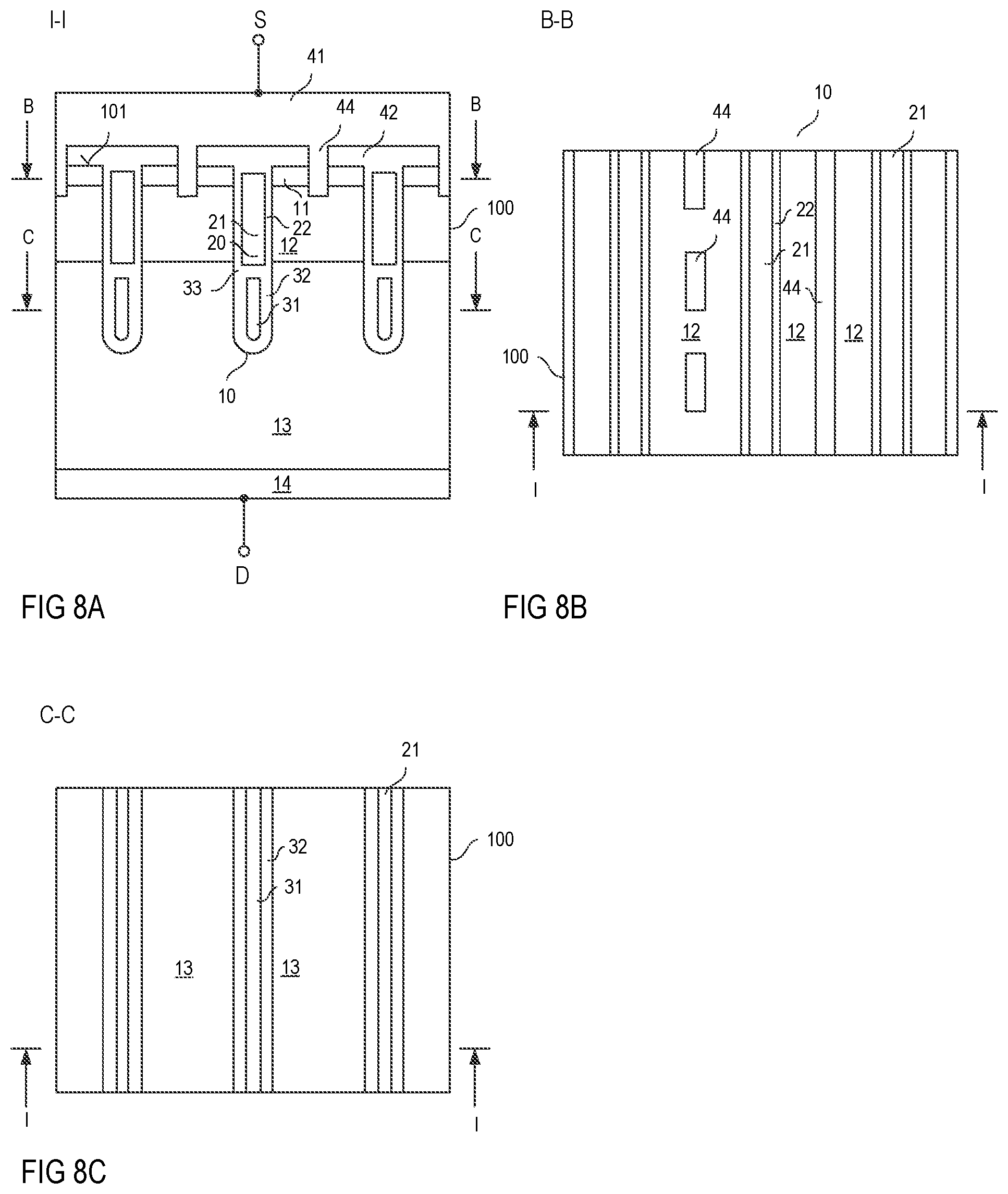 Patent US11810958 Figure 5 – Transistor component having gate electrodes and field electrodes