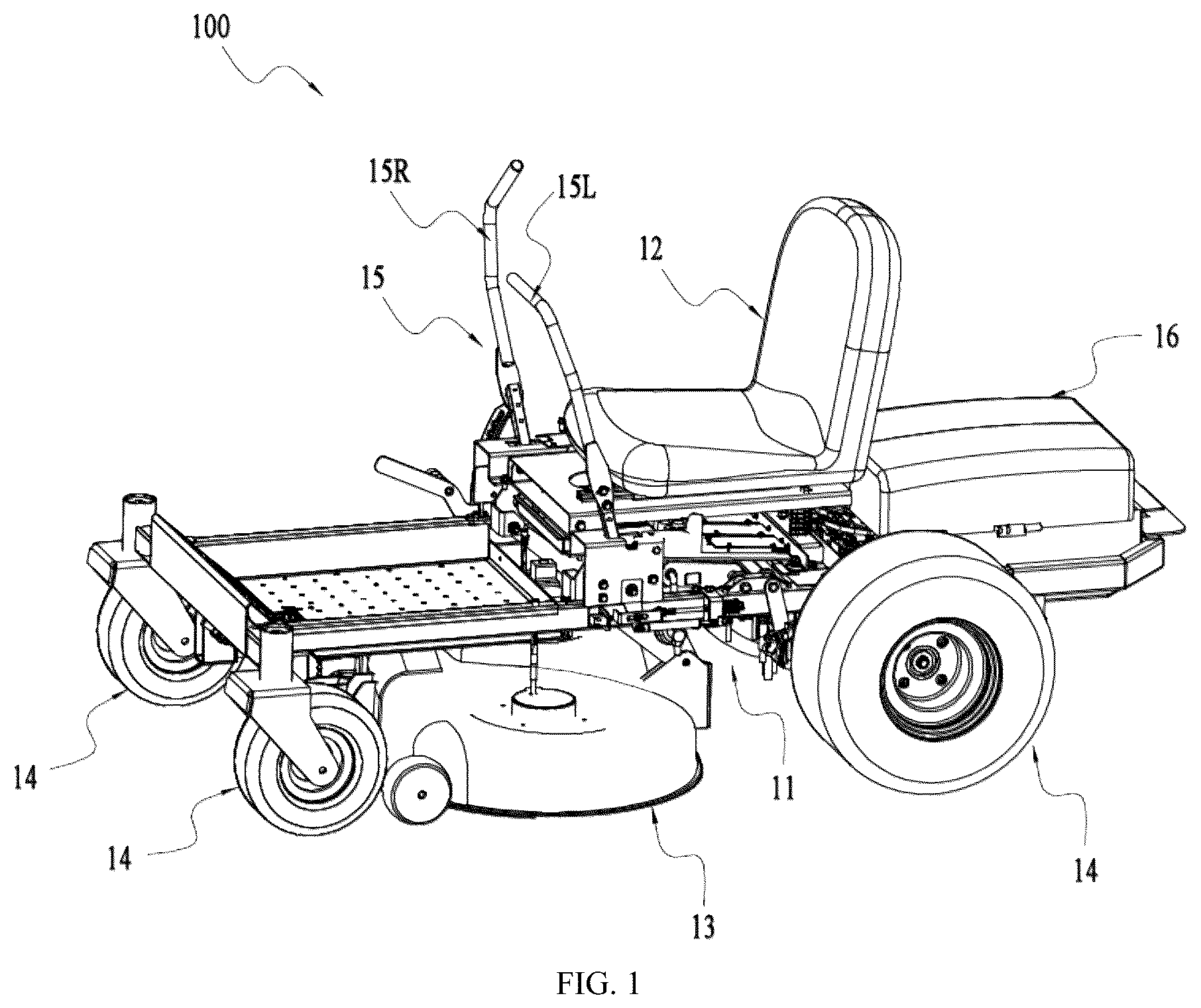 Patent US11812688 Figure 1 – Riding lawn mower and operating apparatus with position detection for the same