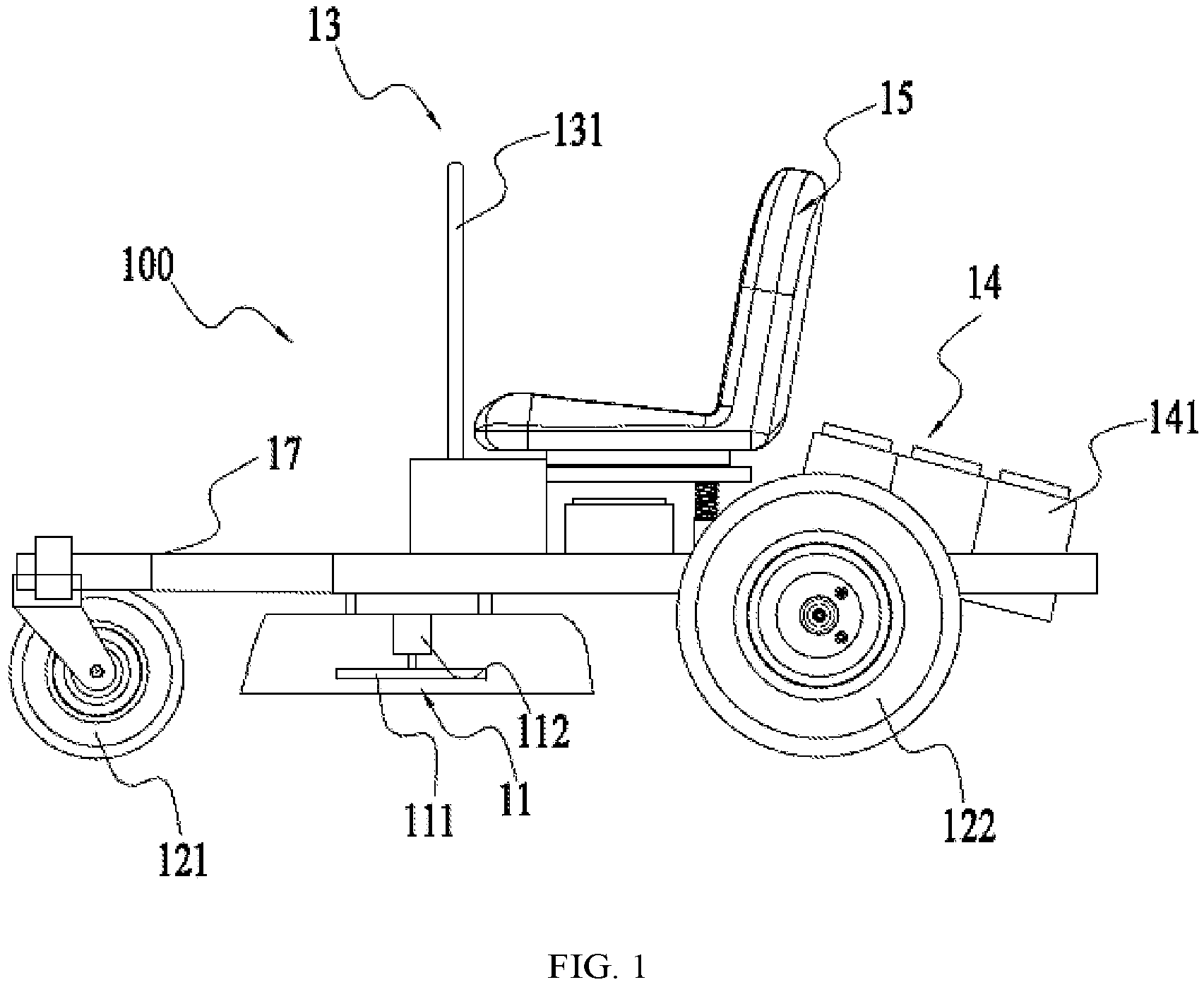 Patent US11812689 Figure 1 – Riding lawn mower having different starting modes