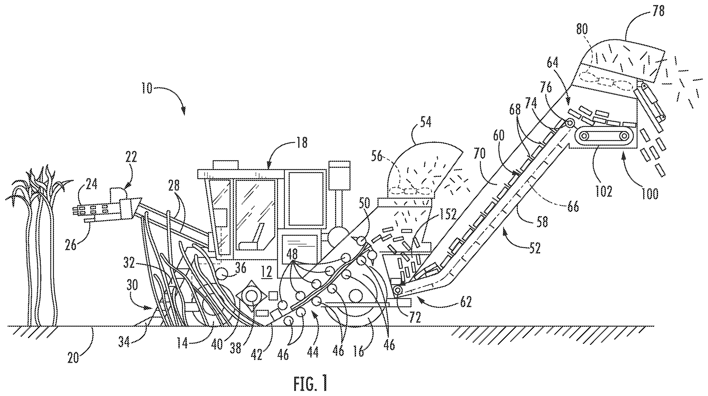 Patent US11812696 Figure 1 – Methods for operating an agricultural harvester including an elevator assembly with a storage hopper having a conveyor therein