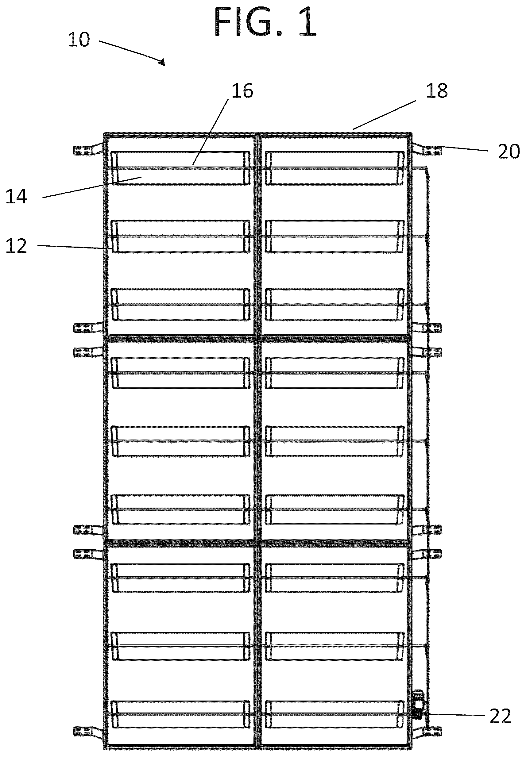 Patent US11812710 Figure 1 – Arrangement of photovoltaic panels and system for optimizing angular positioning of photovoltaic panels in a greenhouse