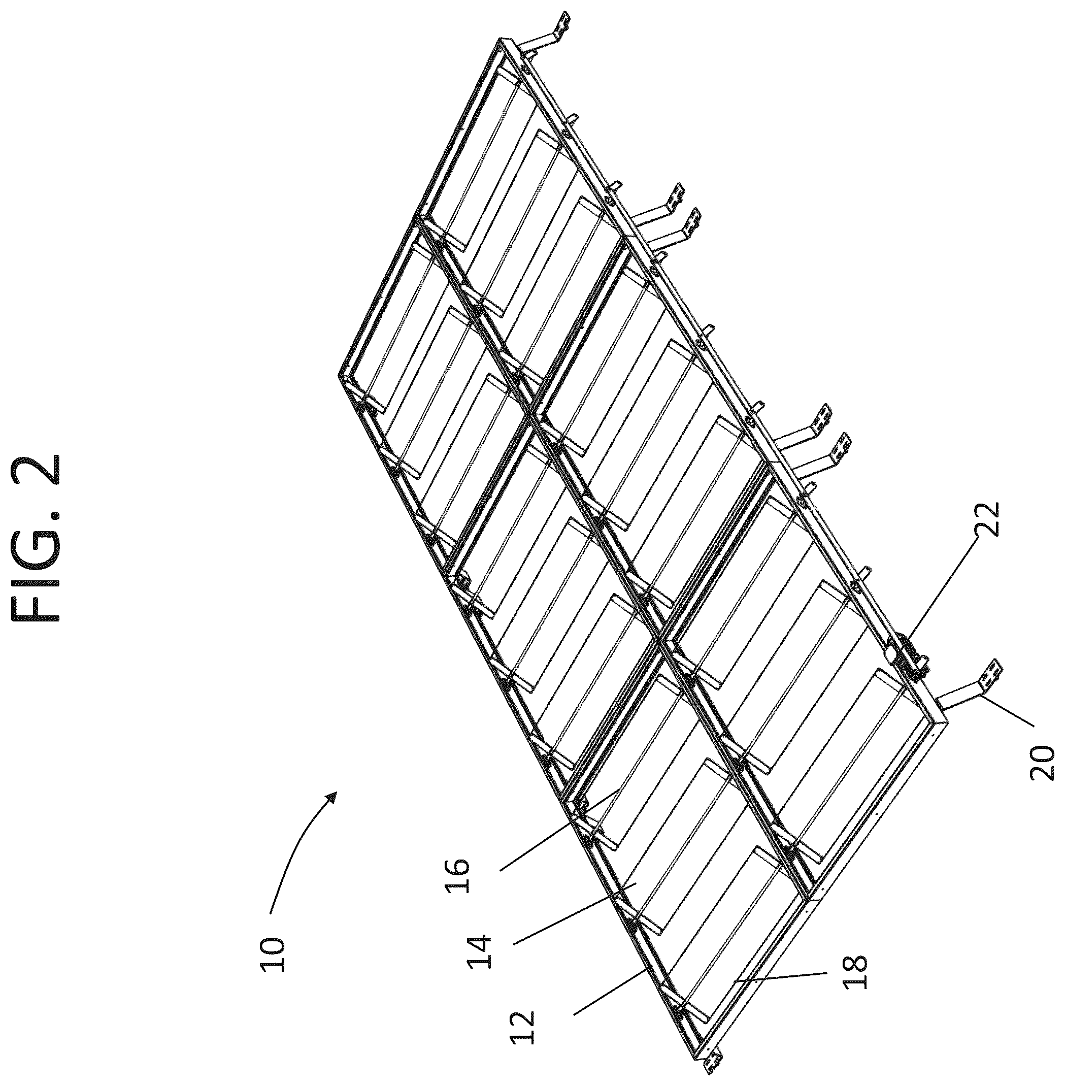 Patent US11812710 Figure 2 – Arrangement of photovoltaic panels and system for optimizing angular positioning of photovoltaic panels in a greenhouse