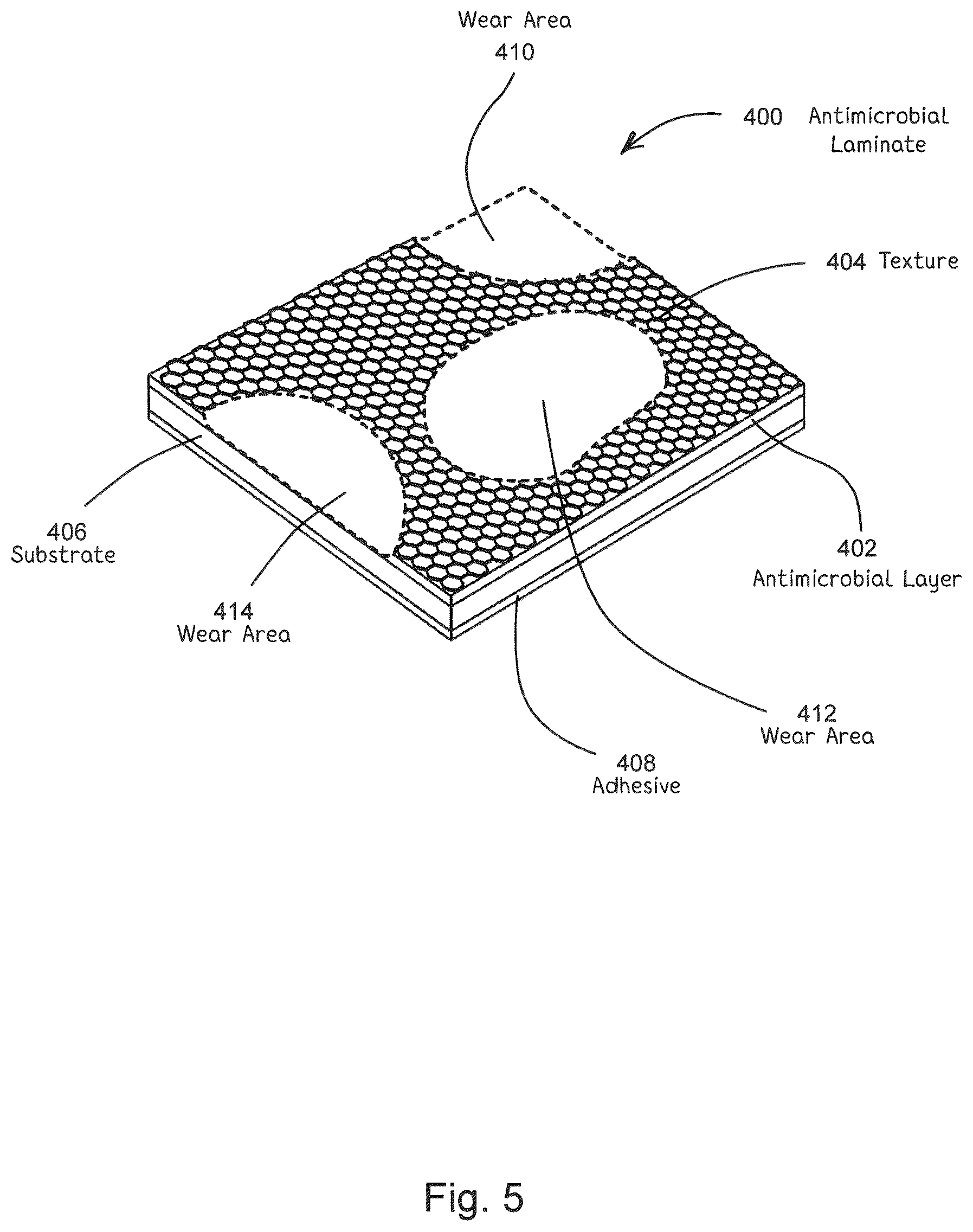 Patent US11812744 Figure 5 – Antimicrobial laminates and coatings indicating efficacy