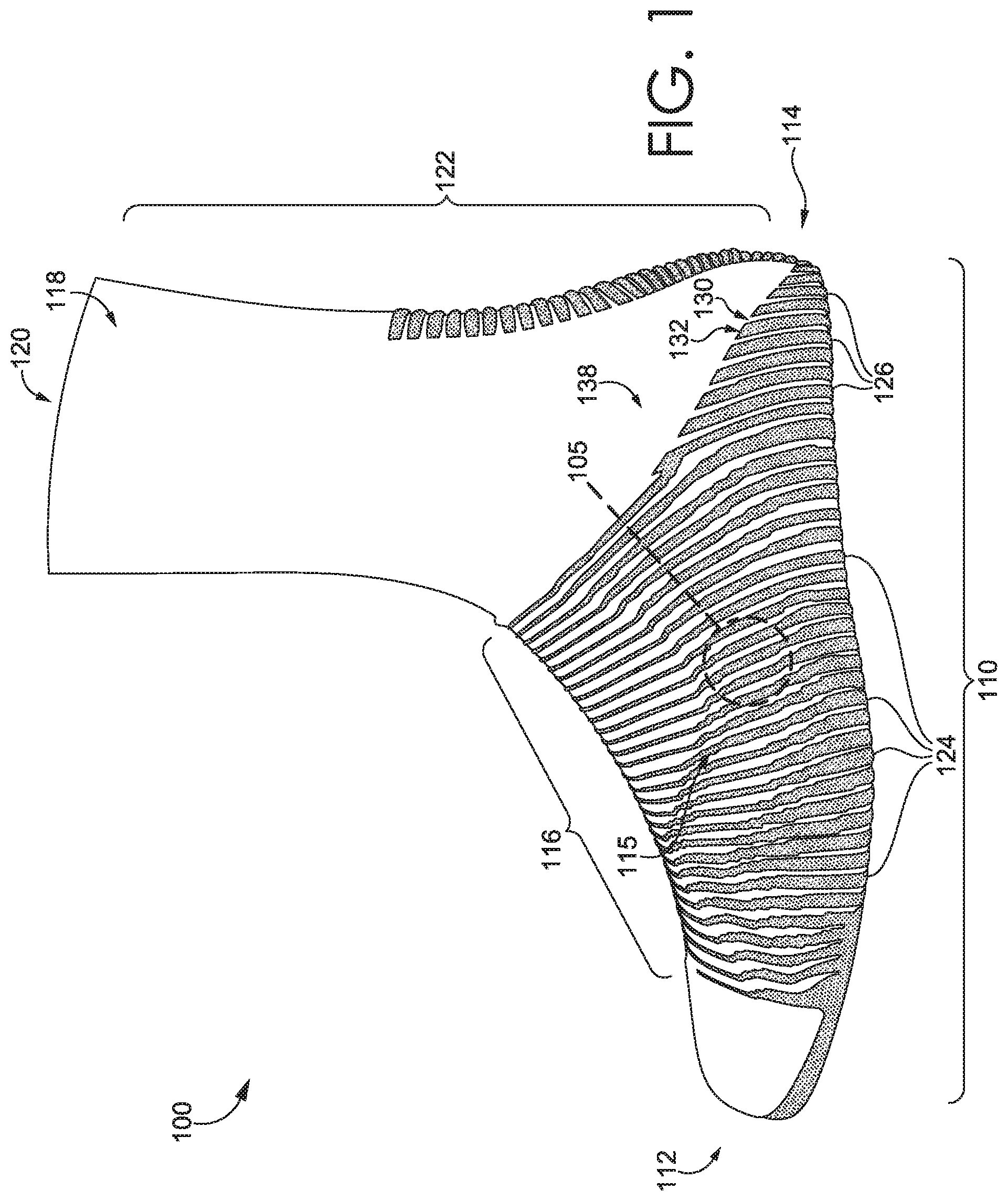 Patent US11812794 Figure 1 – Sock with integrally knit grip strips of varying widths