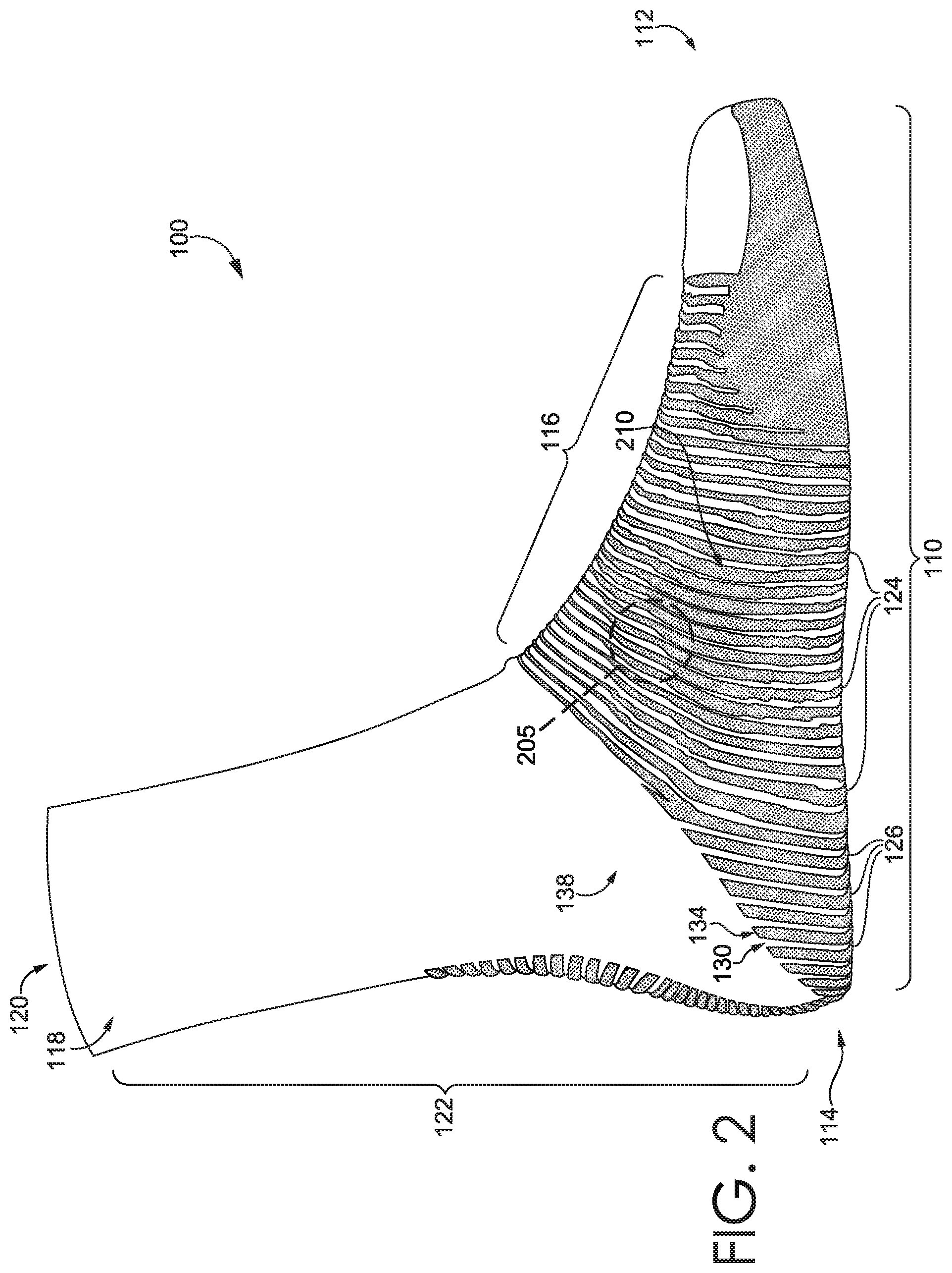 Patent US11812794 Figure 2 – Sock with integrally knit grip strips of varying widths