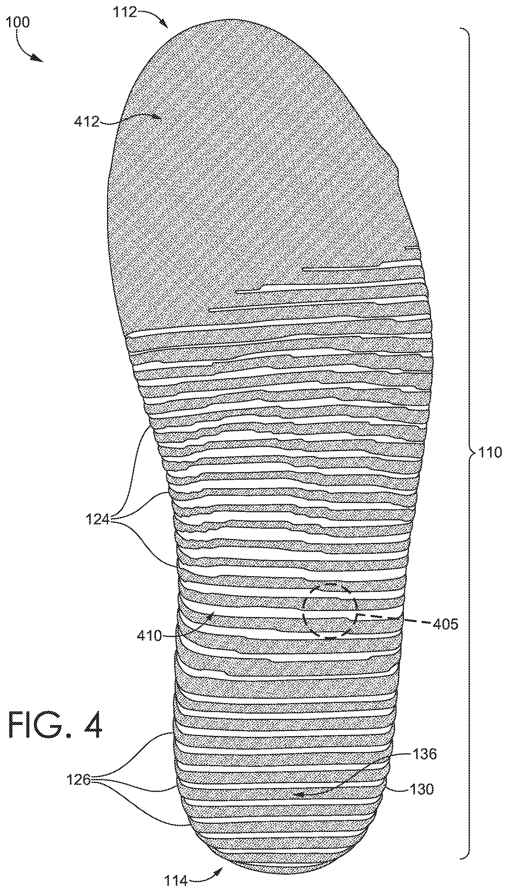 Patent US11812794 Figure 4 – Sock with integrally knit grip strips of varying widths