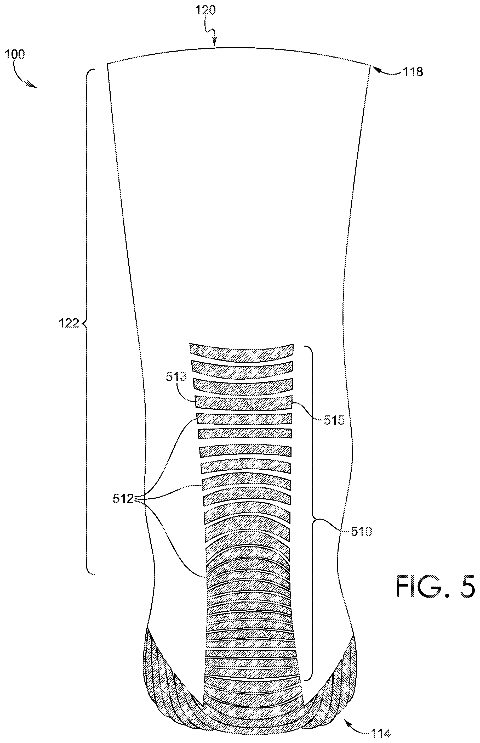 Patent US11812794 Figure 5 – Sock with integrally knit grip strips of varying widths