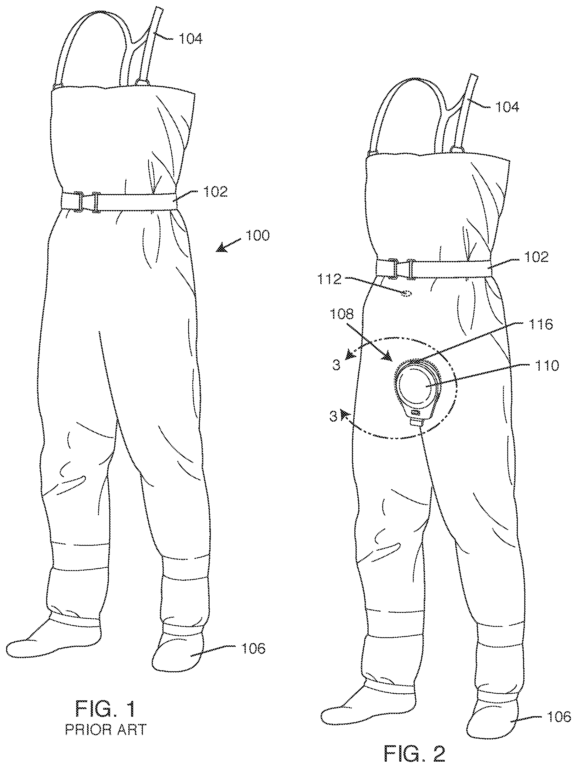 Patent US11812799 Figure 1 – Urination relief hatch for waterproof waders and foul weather gear