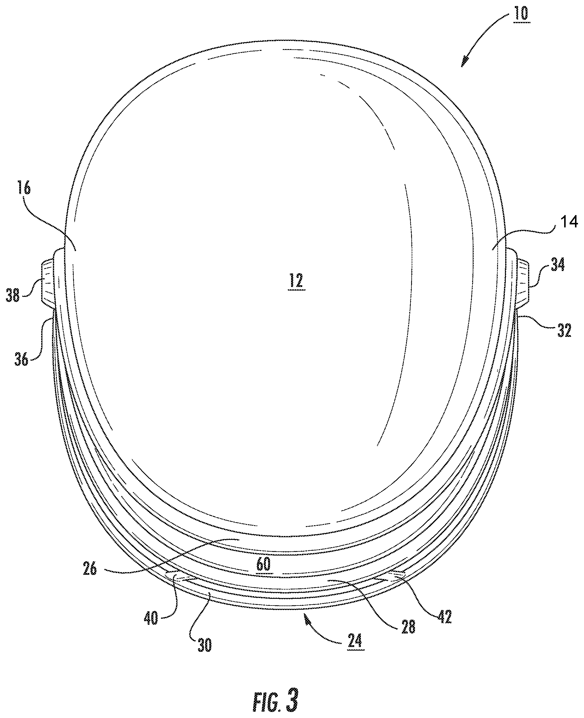 Patent US11812813 Figure 3 – Demi-helmet and mask combination providing facial impact protection and entirely unobstructed views in both forward and peripheral directions, and associated methods