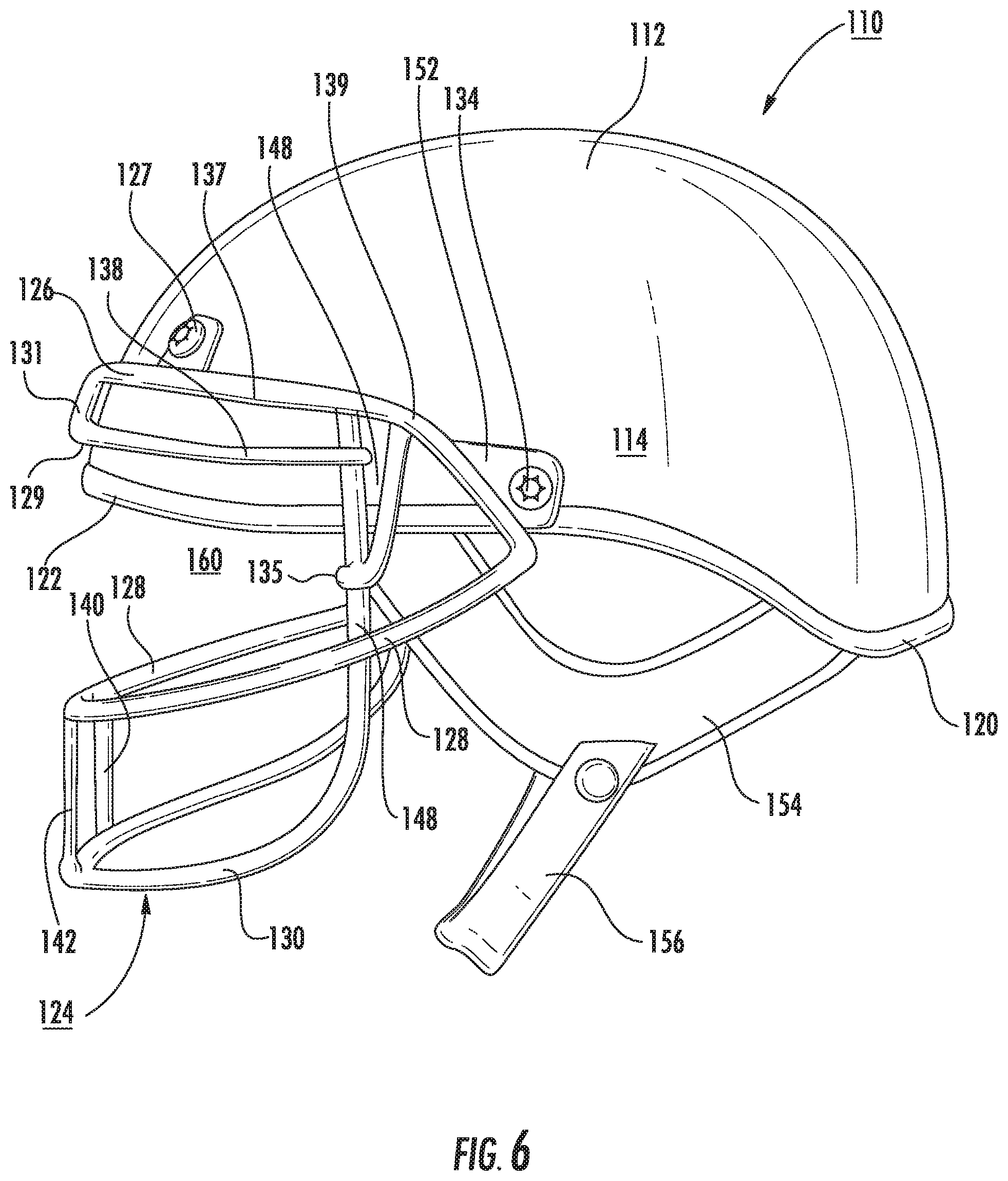 Patent US11812813 Figure 6 – Demi-helmet and mask combination providing facial impact protection and entirely unobstructed views in both forward and peripheral directions, and associated methods