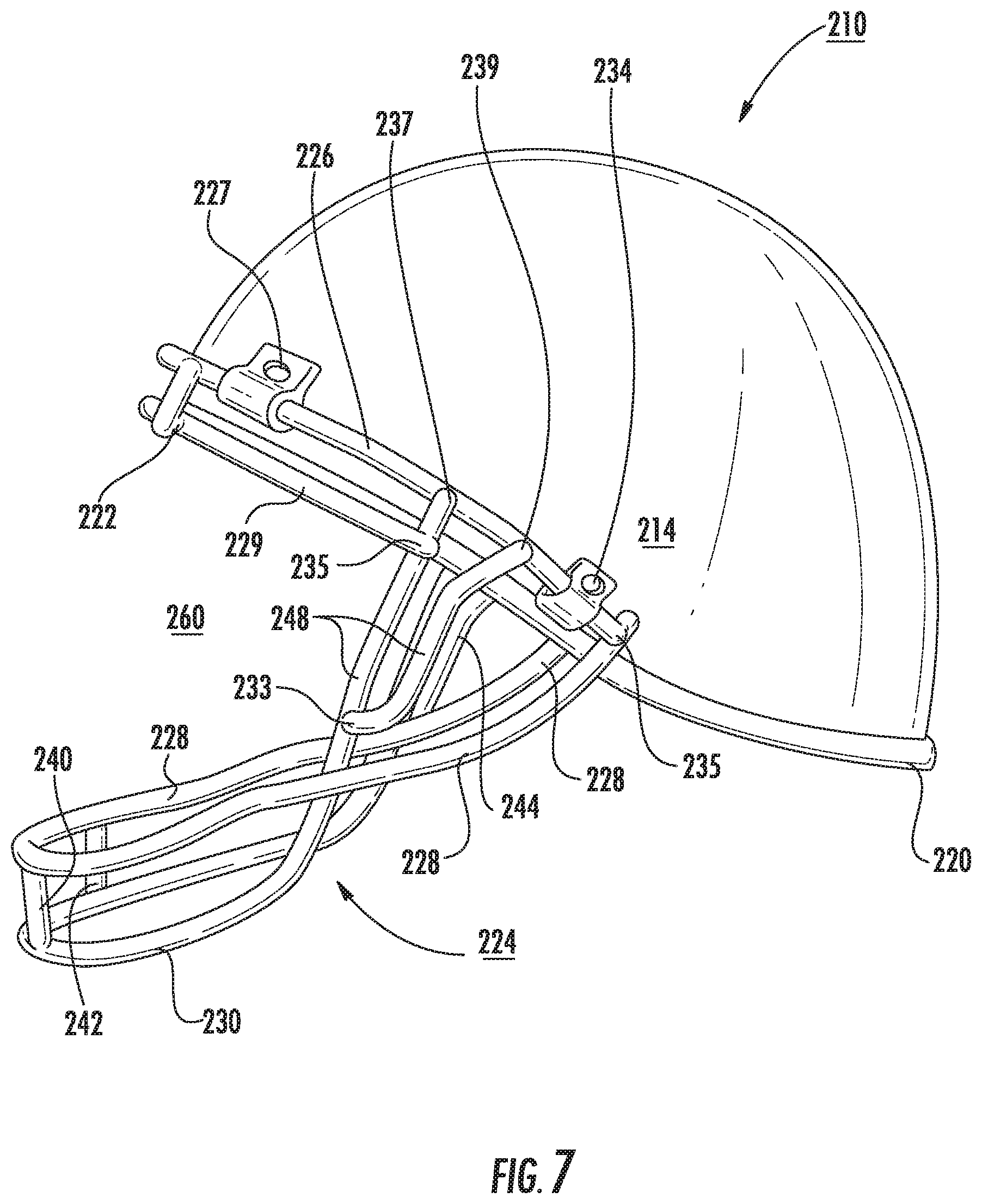 Patent US11812813 Figure 7 – Demi-helmet and mask combination providing facial impact protection and entirely unobstructed views in both forward and peripheral directions, and associated methods