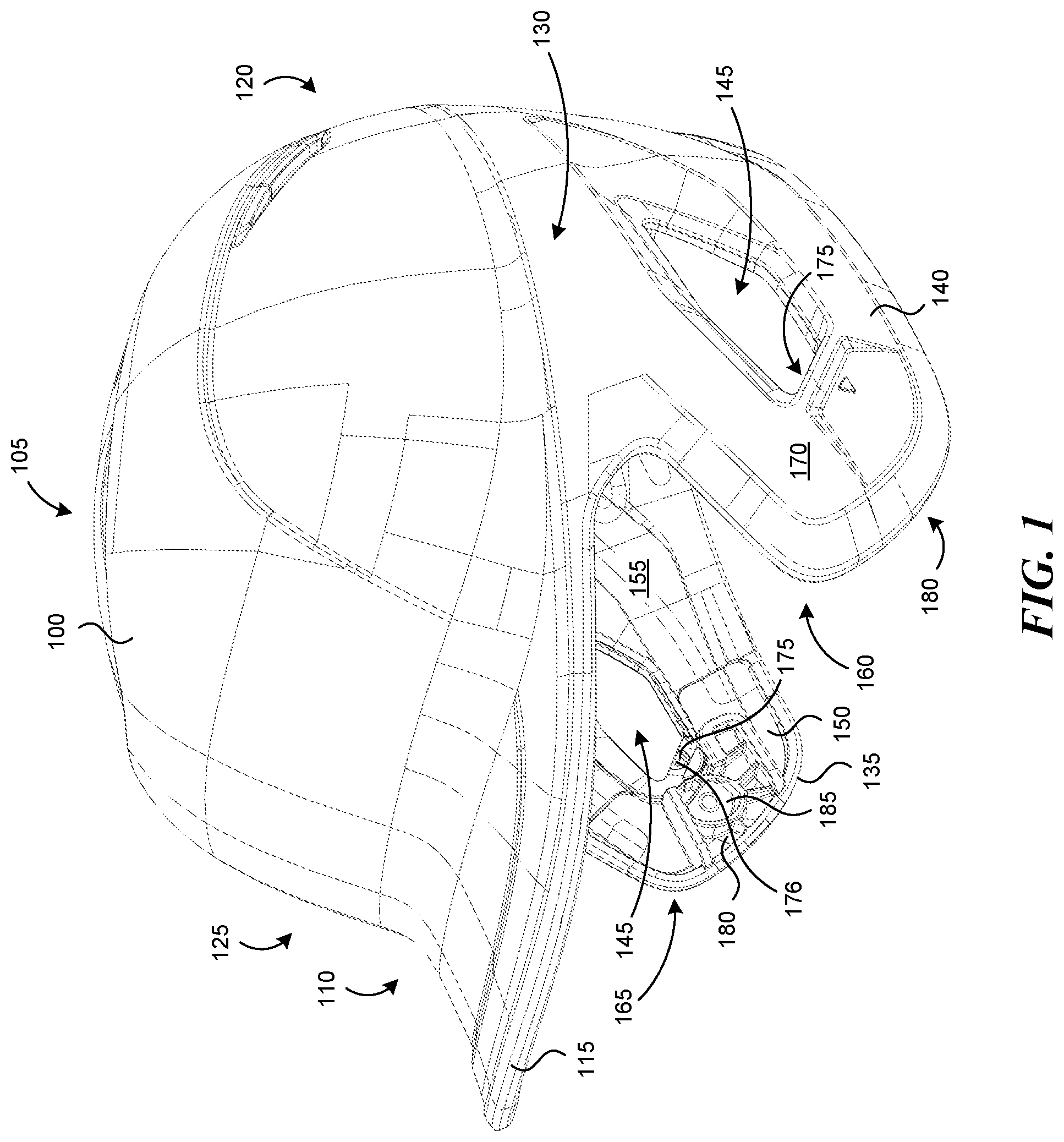 Patent US11812814 Figure 1 – Attachment features for batting helmets