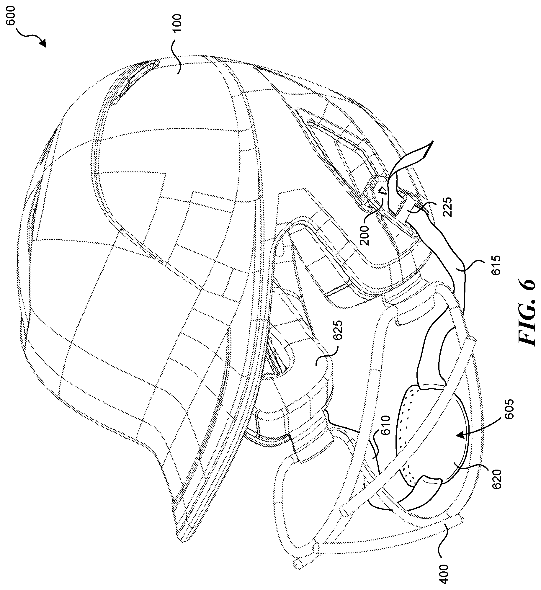 Patent US11812814 Figure 6 – Attachment features for batting helmets