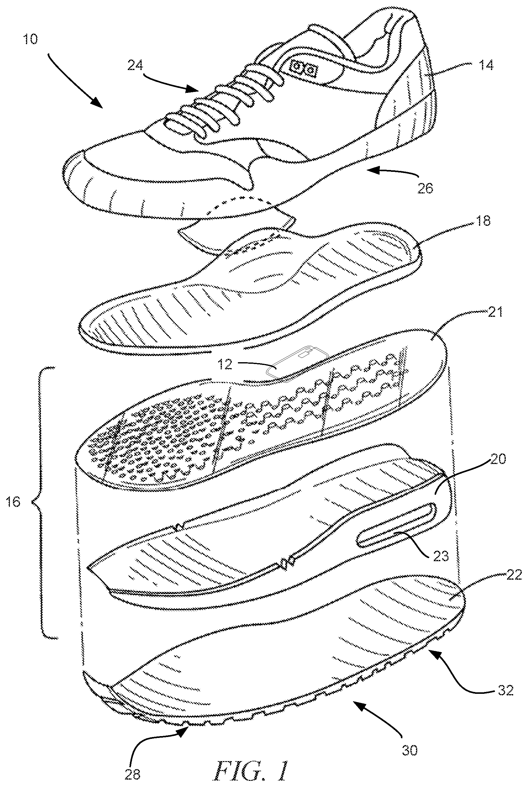 Patent US11812818 Figure 1 – Footwear airbag with flexible electronic interconnect