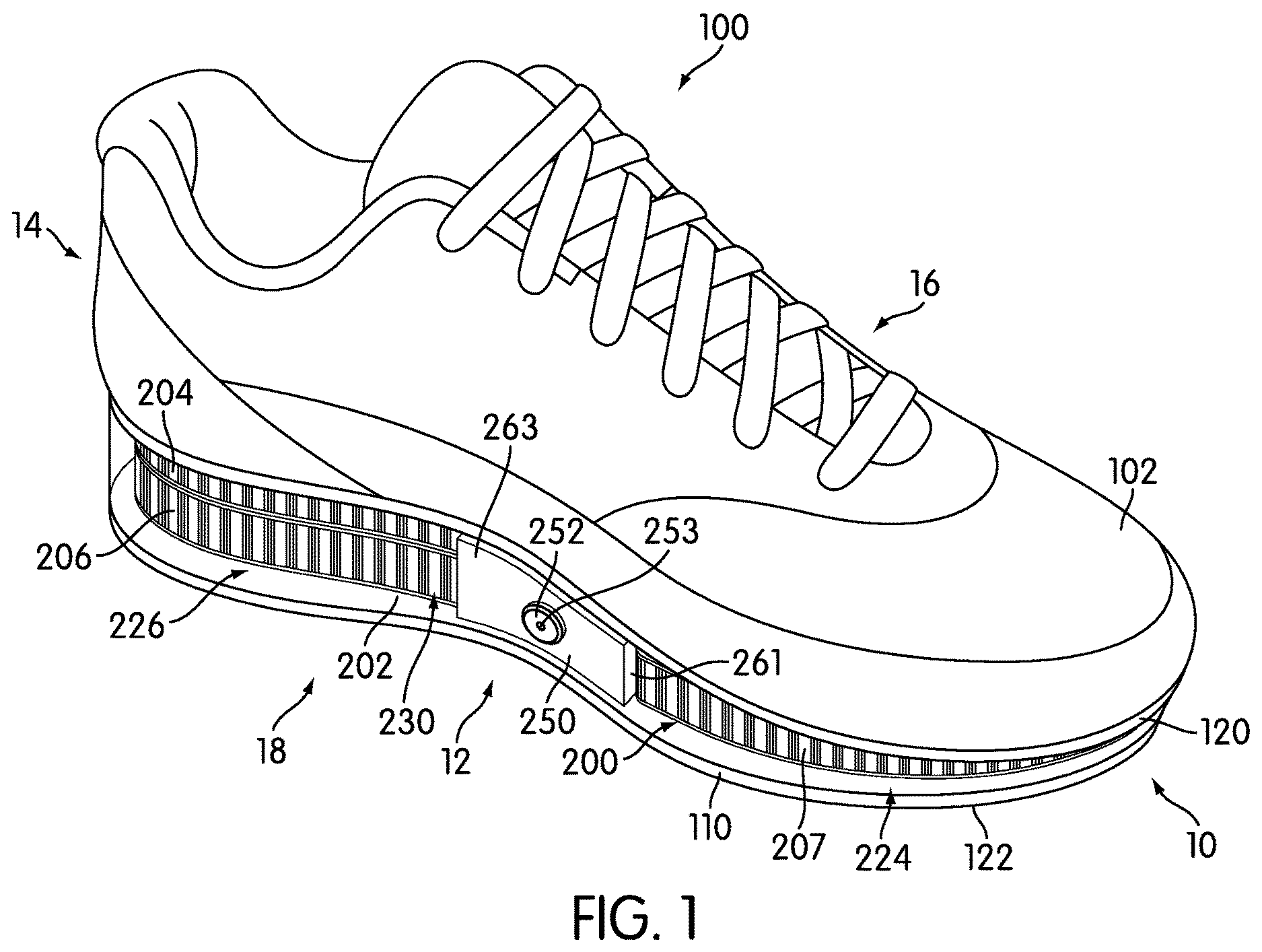 Patent US11812819 Figure 1 – Adjustable multi-bladder system for an article of footwear