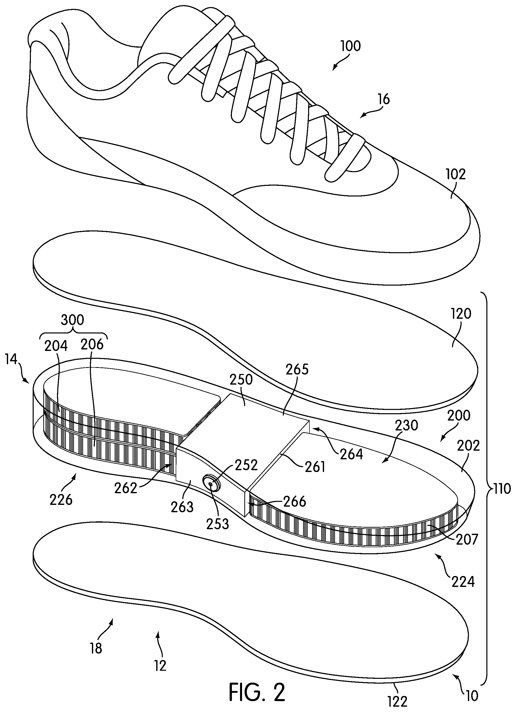Patent US11812819 Figure 2 – Adjustable multi-bladder system for an article of footwear