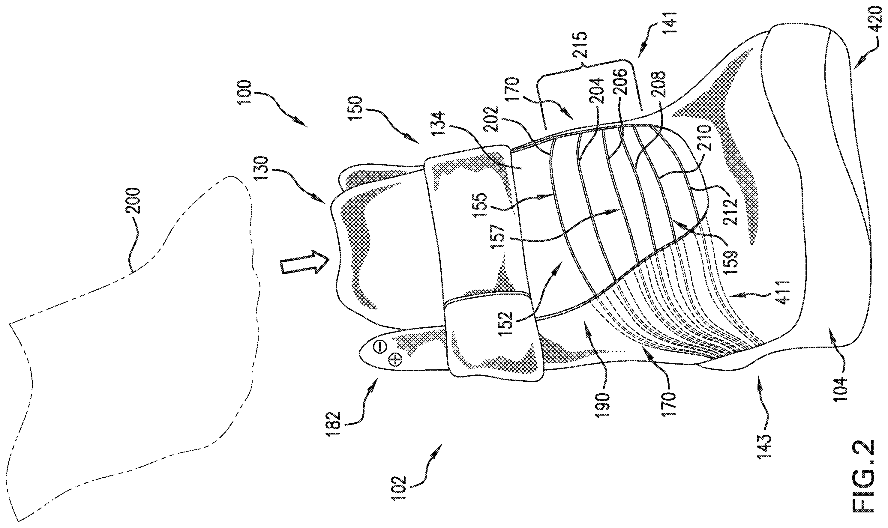Patent US11812825 Figure 2 – Motorized tensioning device with compact spool system
