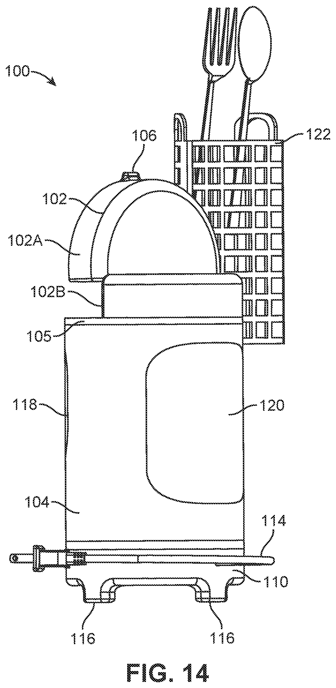 Patent US11812913 Figure 14 – Compact dishwasher for cleaning a few eating utensils