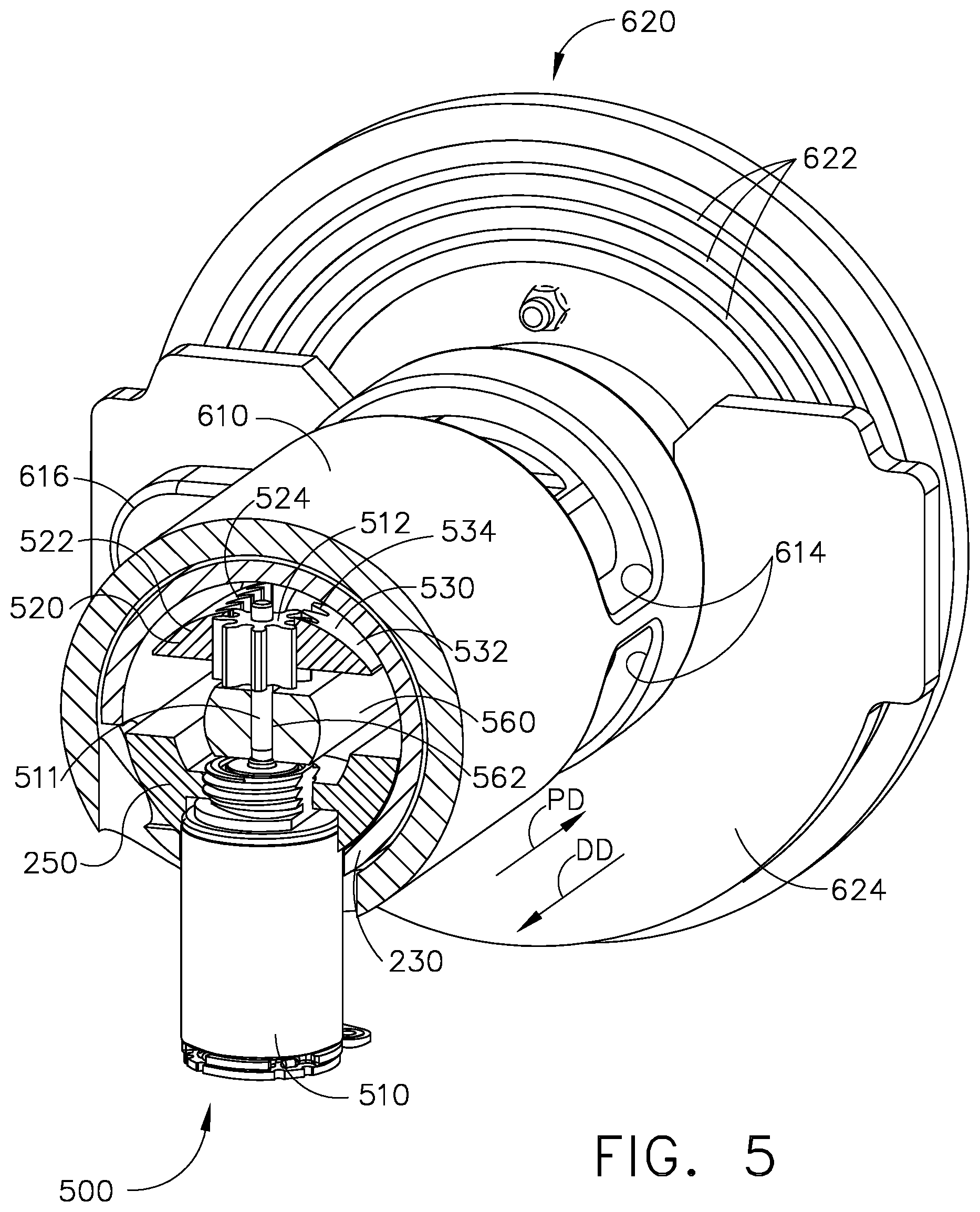 Patent US11812958 Figure 5 – Locking arrangements for detachable shaft assemblies with articulatable surgical end effectors