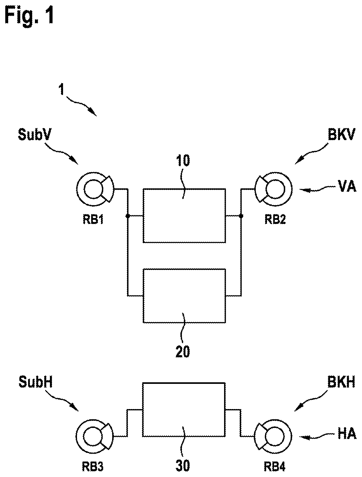 Patent US11814019 Figure 1 – Hydraulic braking system for a vehicle having at least two axles