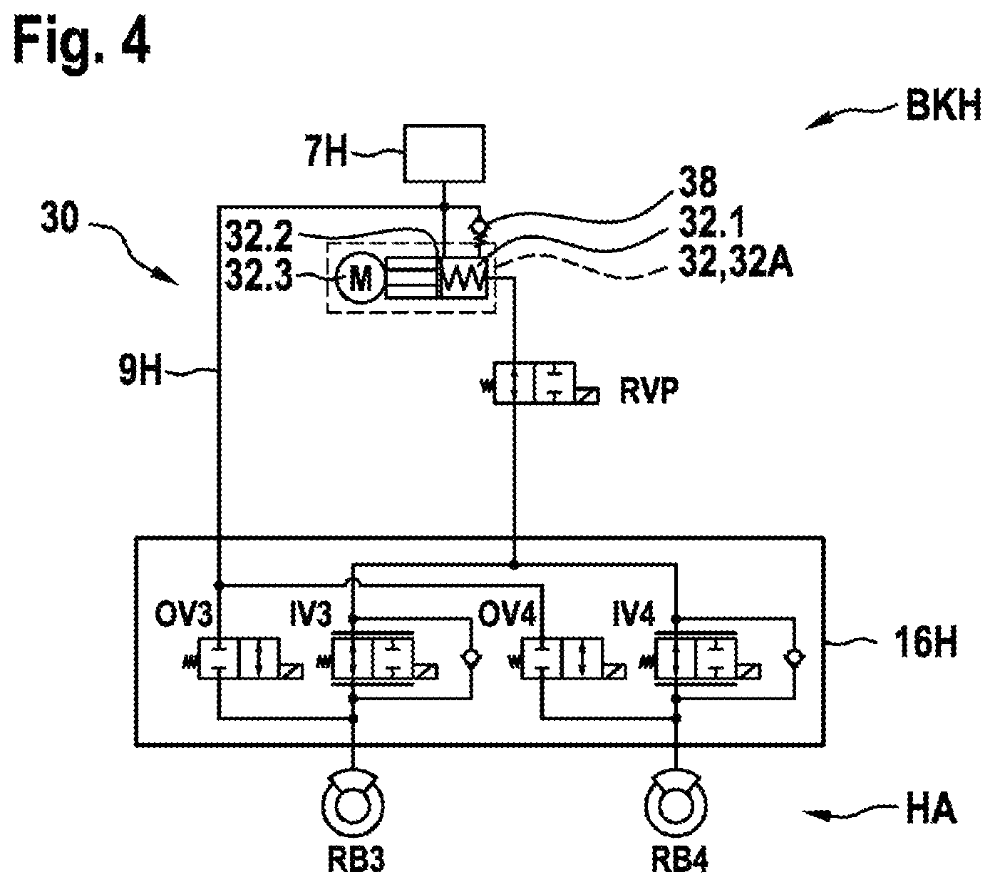 Patent US11814019 Figure 3 – Hydraulic braking system for a vehicle having at least two axles