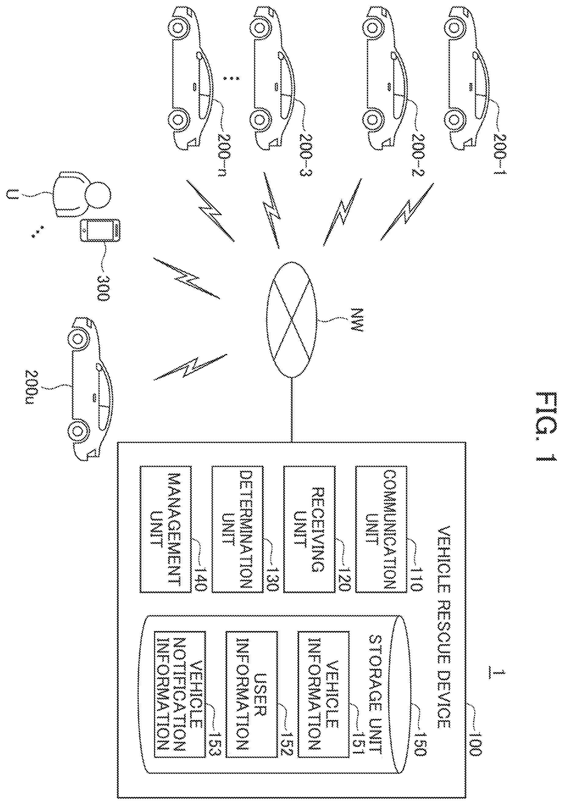 Patent US11814035 Figure 1 – Vehicle rescue device, vehicle rescue method, and program