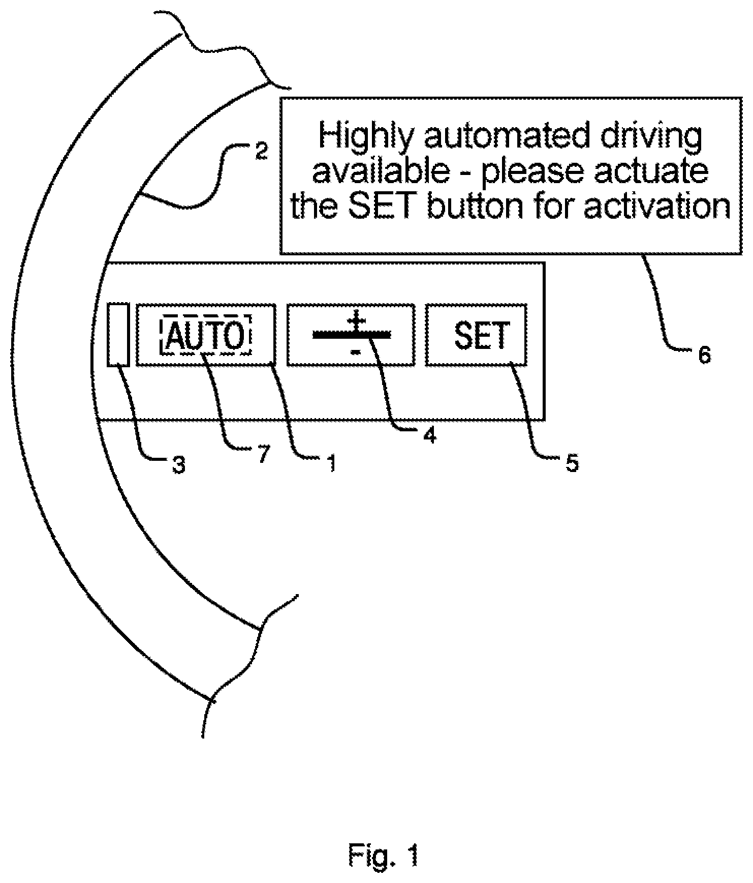 Patent US11814061 Figure 1 – Driving system with different driving functions for an automated drive and a common input component, and method for activating a driving function via the common input component