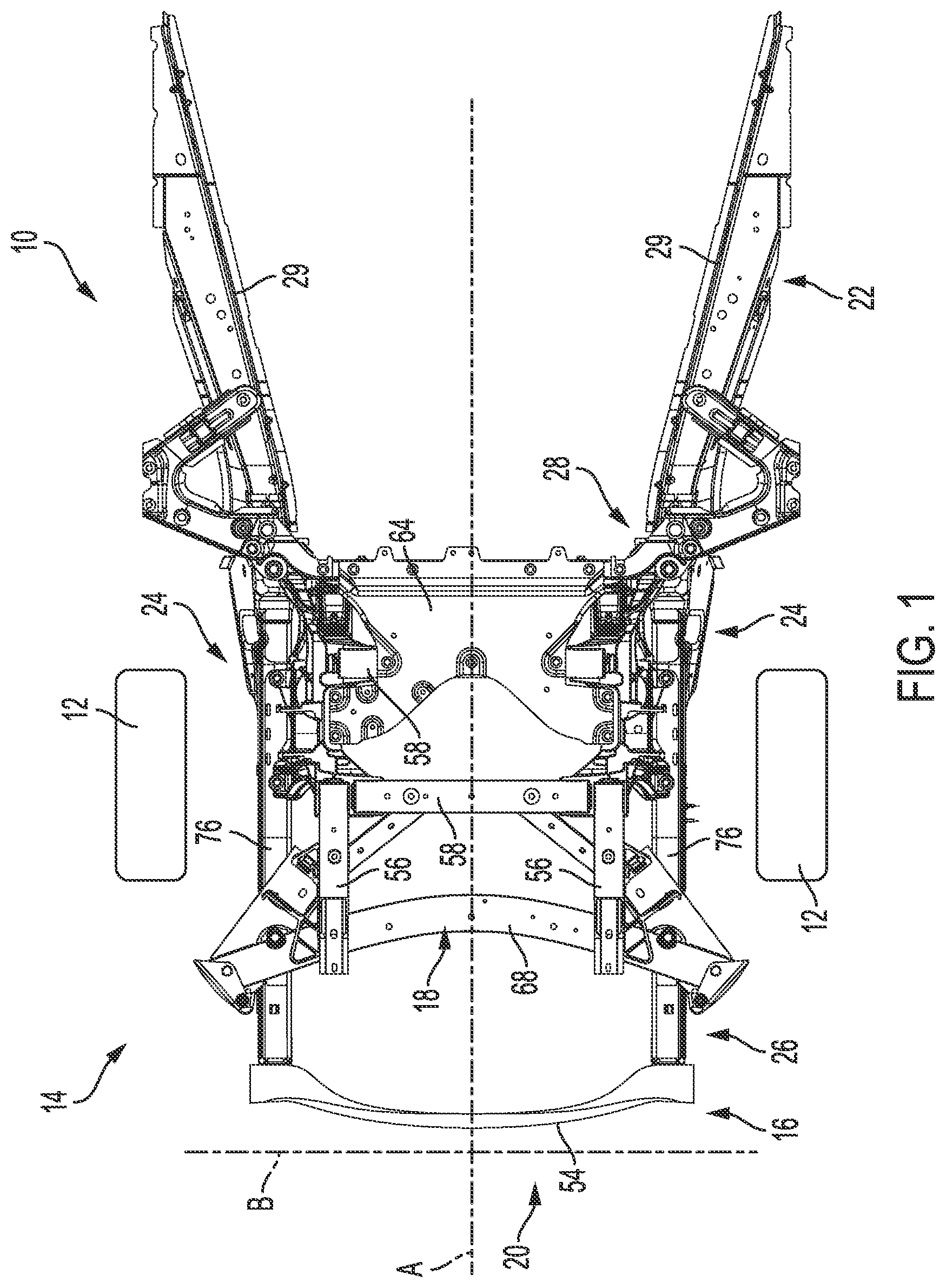 Patent US11814100 Figure 1 – Vehicle cradle assembly with impact detachment script