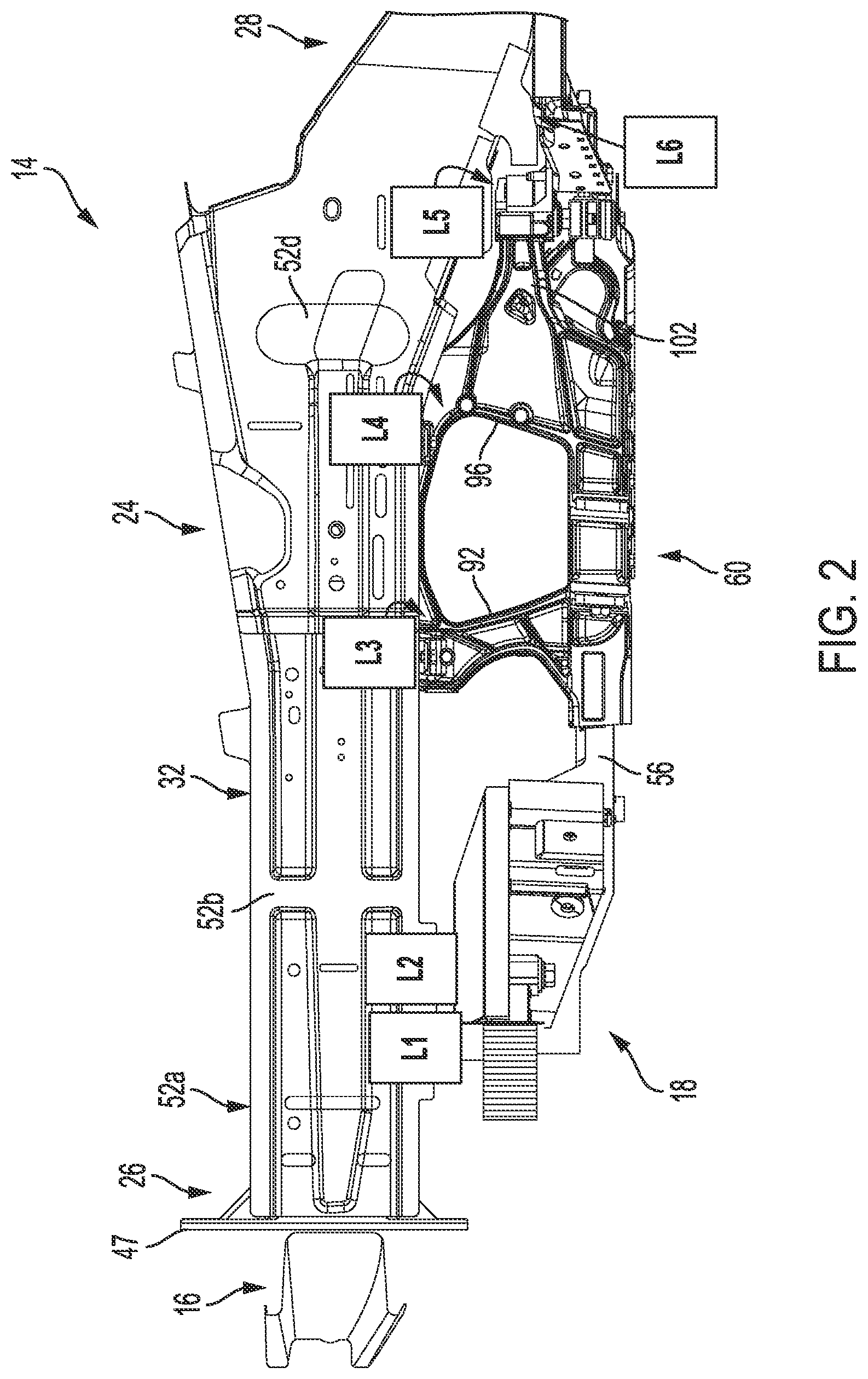 Patent US11814100 Figure 2 – Vehicle cradle assembly with impact detachment script